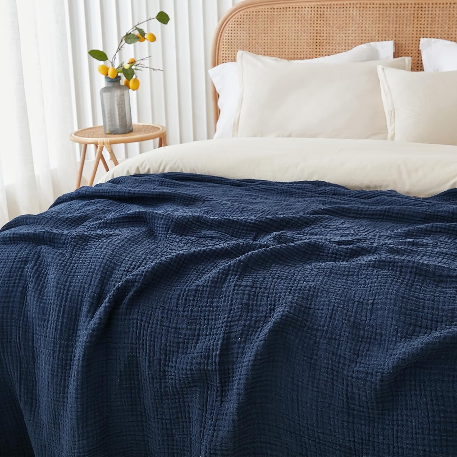 EMME Musselin-Decke 230x230 Baumwolle Oeko-TEX Erwachsene Tagesdecke,Navy | Sommer-Überwurf Decken Für Bett Atmungsaktive Gaze-Decke Ganzjährig Weich & Leicht Vorgewaschene Baumwolldecke Bettdecke