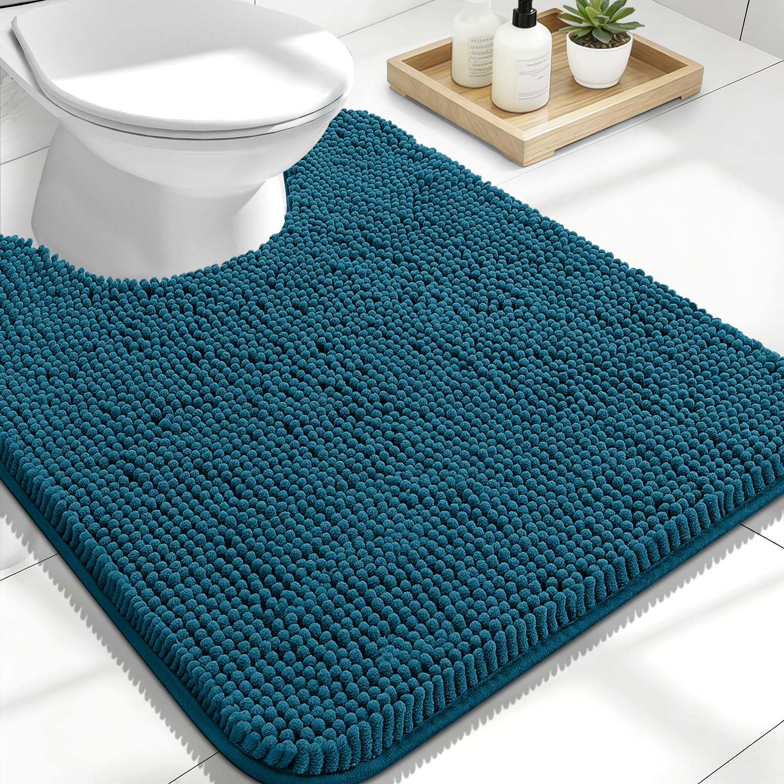 OLANLY Toilet Rugs U-Shaped 24x20, Extra Soft Absorbent Chenille Contour Bathroom Rugs for Toilet, Dry Quickly, Machine Washable, Non-Slip Bath Mat, Peacock Blue