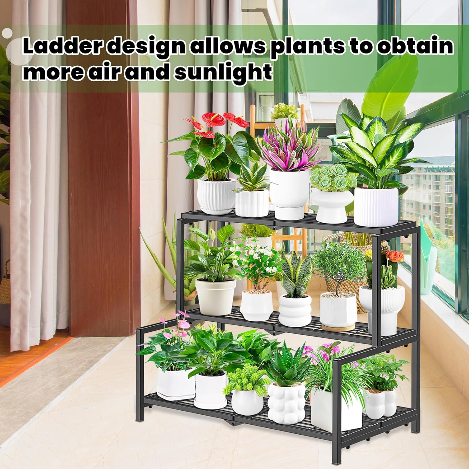 3 Tier Stair Style Metal Plant Stand for Indoor Outdoor, Heavy Duty Plant Display Shelf for Multiple Plants, Garden Rack Flower Pot Holder for Living Room Patio Balcony