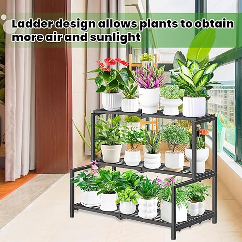 Miniatura 8 de Soporte de metal para plantas de 3 niveles estilo escalera para interiores y exteriores, estante de exhibición de plantas resistente para múltiples