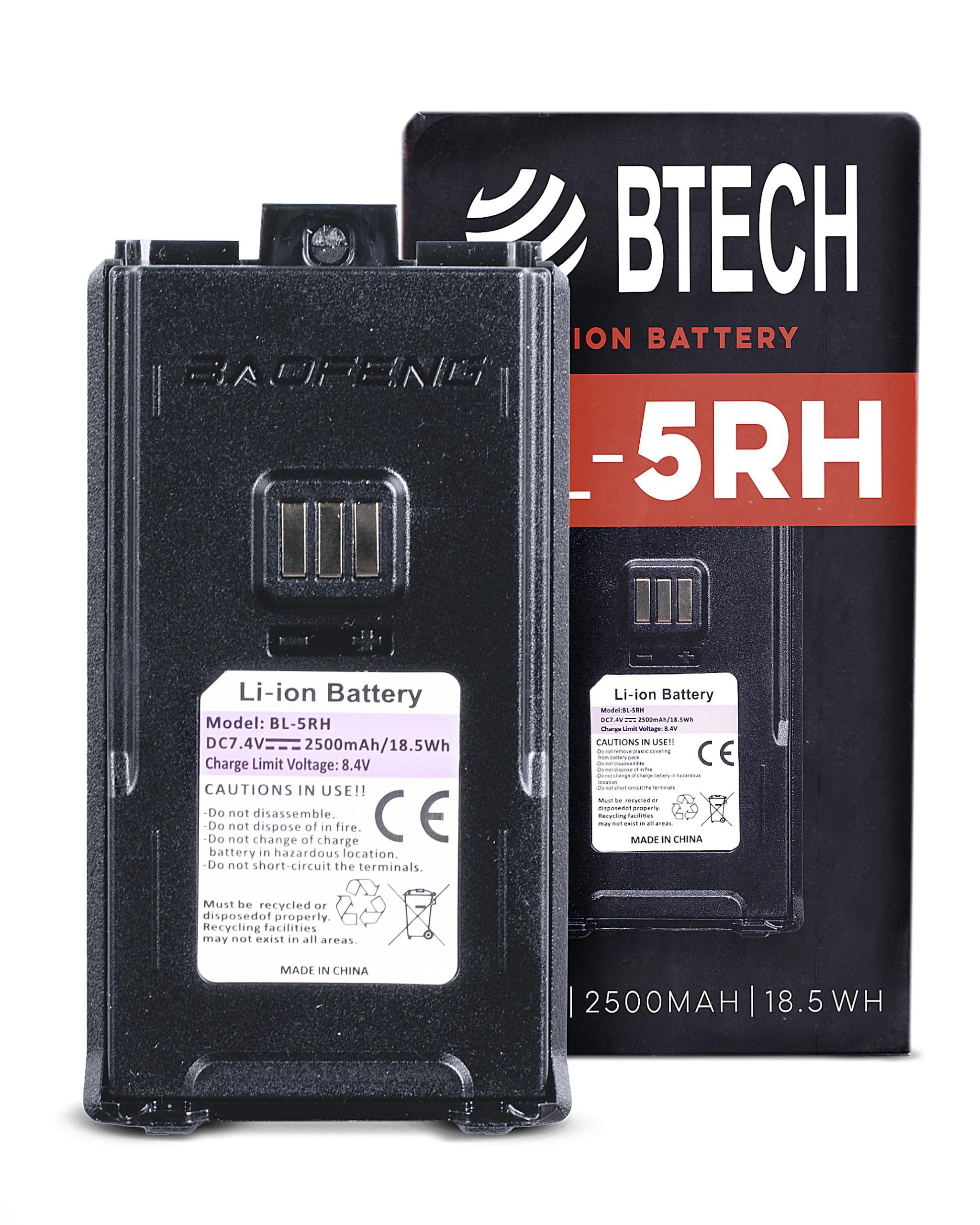 BTECH BL-5RH 2500mAh USB-C Charging Li-ion Battery Pack, OEM Original Capacity Battery for BaoFeng BF-F8HP PRO and BL-5RH Series Radios