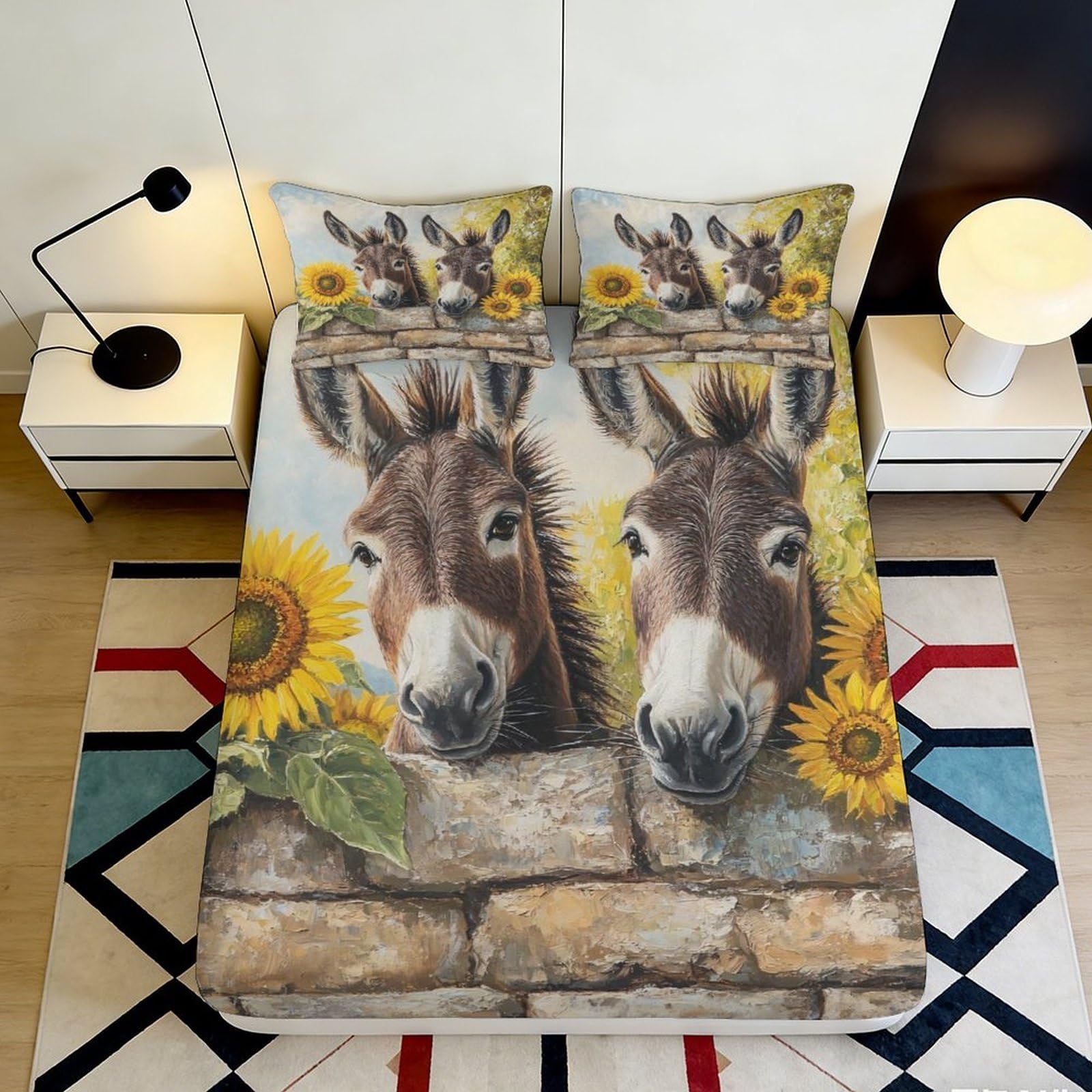 3D Printed Donkey Sunflower Fitted Sheet Microfiber Soft Breathable Donkey Sunflower Bed Cover for Bedroom Dormitory Guest Room Mattress Protection 120x200x25cm