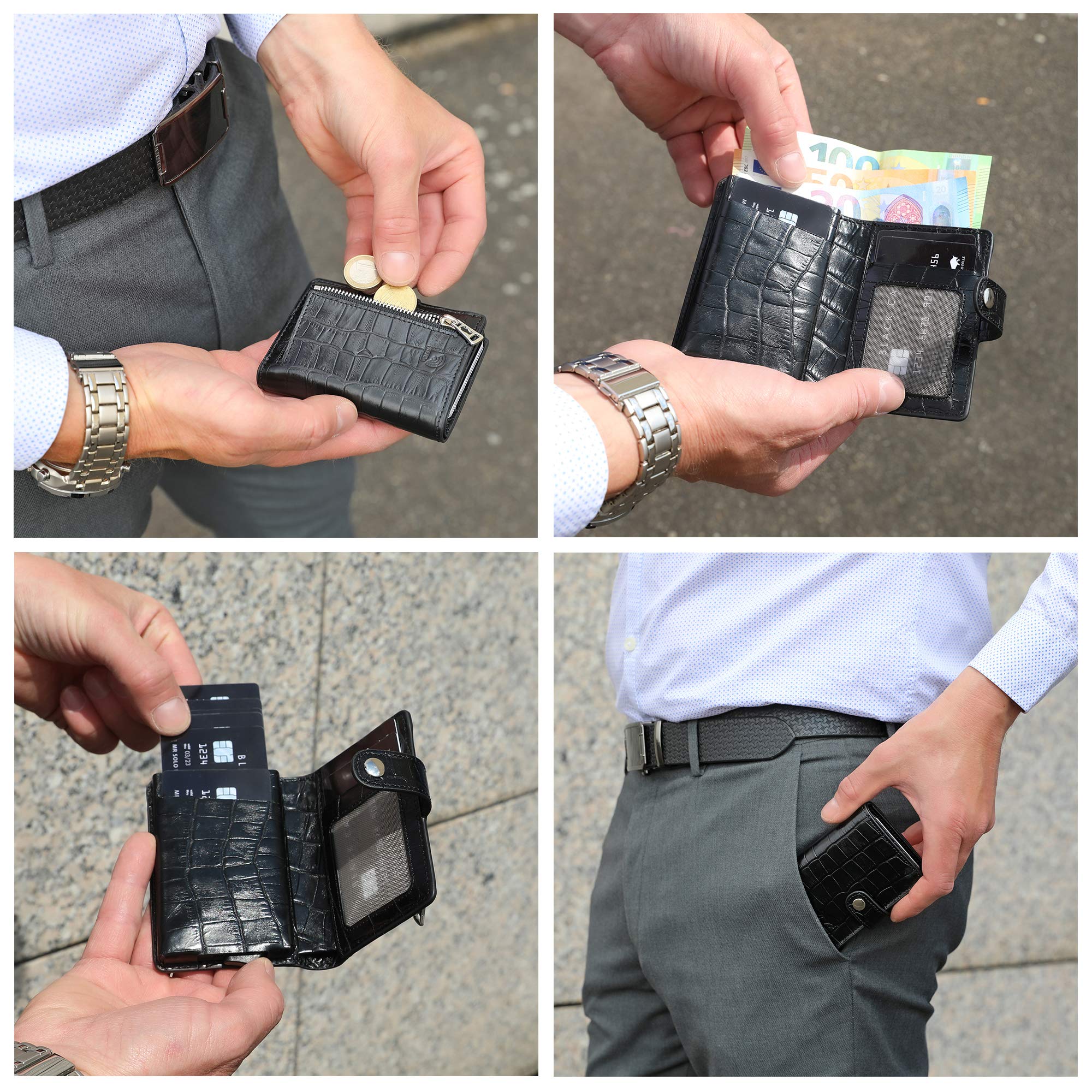 Solo Pelle Leder Geldbörse Q-Wallet mit integriertem Kartenetui für 15 Karten + Geldscheine geeignet | Kreditkartenetui mit RFID (Kroko Schwarz)