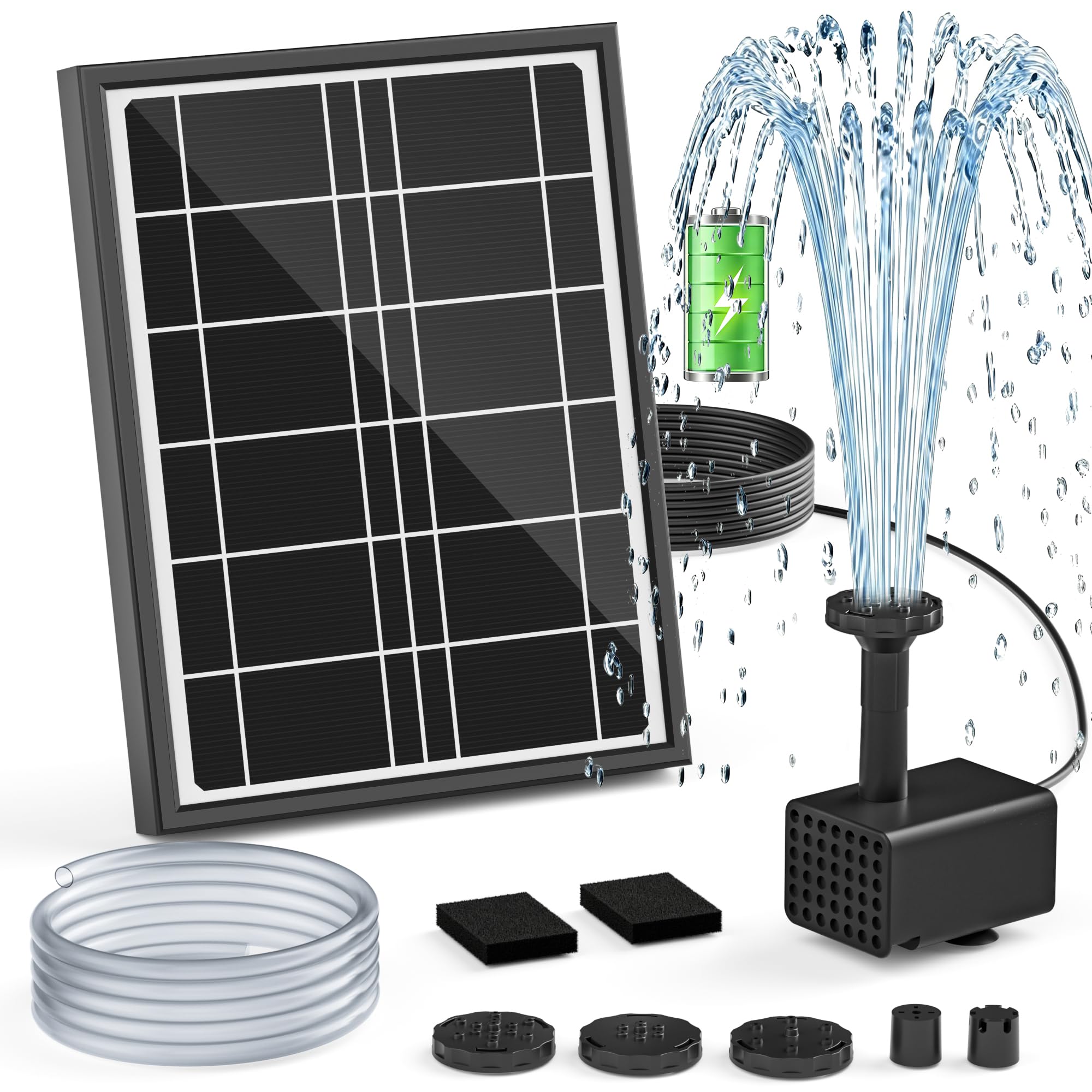 PONDIA Solar Bird Bath Fountain Pump with Battery Backup, 4W Solar Water Pump Built-in 2000mAh Battery with 5 Spray Modes & 4Ft PVC Tubing, Solar Powered Fountain for Bird Bath Garden Water Feature