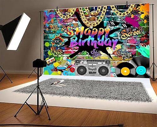 Miniatura 3 de Telón de fondo de cumpleaños de hip hop, 8 x 6 pies, tema de los años 80 y 90, graffiti de ladrillo de roca, fondo de fotos retro para fiesta de