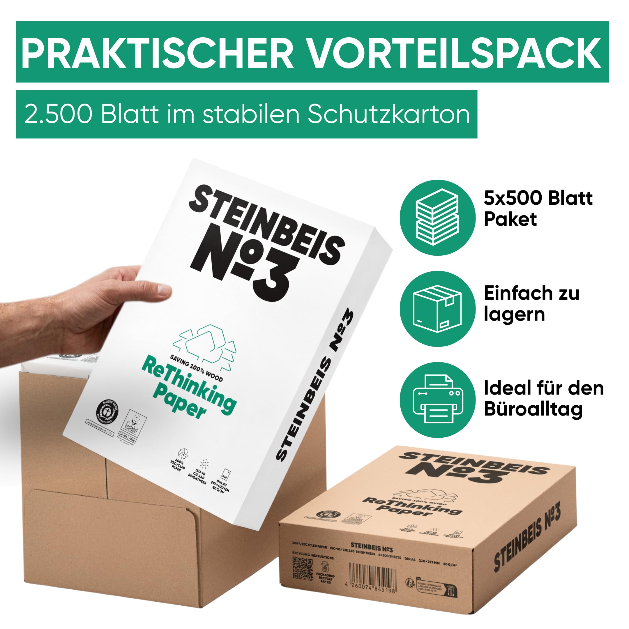 Steinbeis No. 3 Druckerpapier – 2500 (5 x 500) Blatt DIN A3 Recycling-Papier 80 g/m², Weiß & Chlorfrei, hochwertiges Kopierpapier ISO 90 / CIE 110