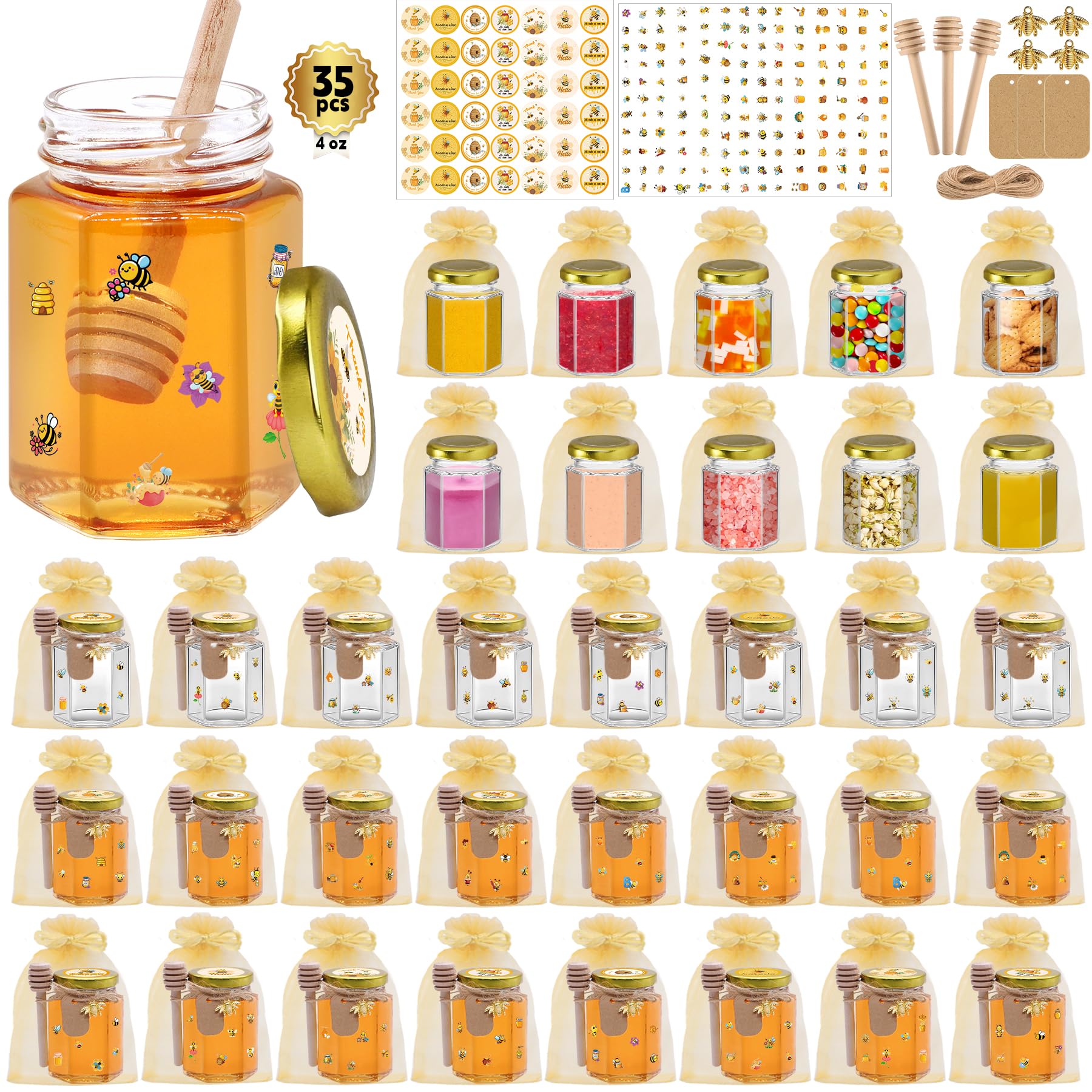 BGraceyy 35 Pack 4 oz Mini Hexagon Glass Honey Jars with Dippers, Gold Lids, Bee Stickers, Bee Charms, Gift Bags & Jute– Empty Small Honey Jars for Party Favors Bulk, Ideal for Baby Showers ? Weddings