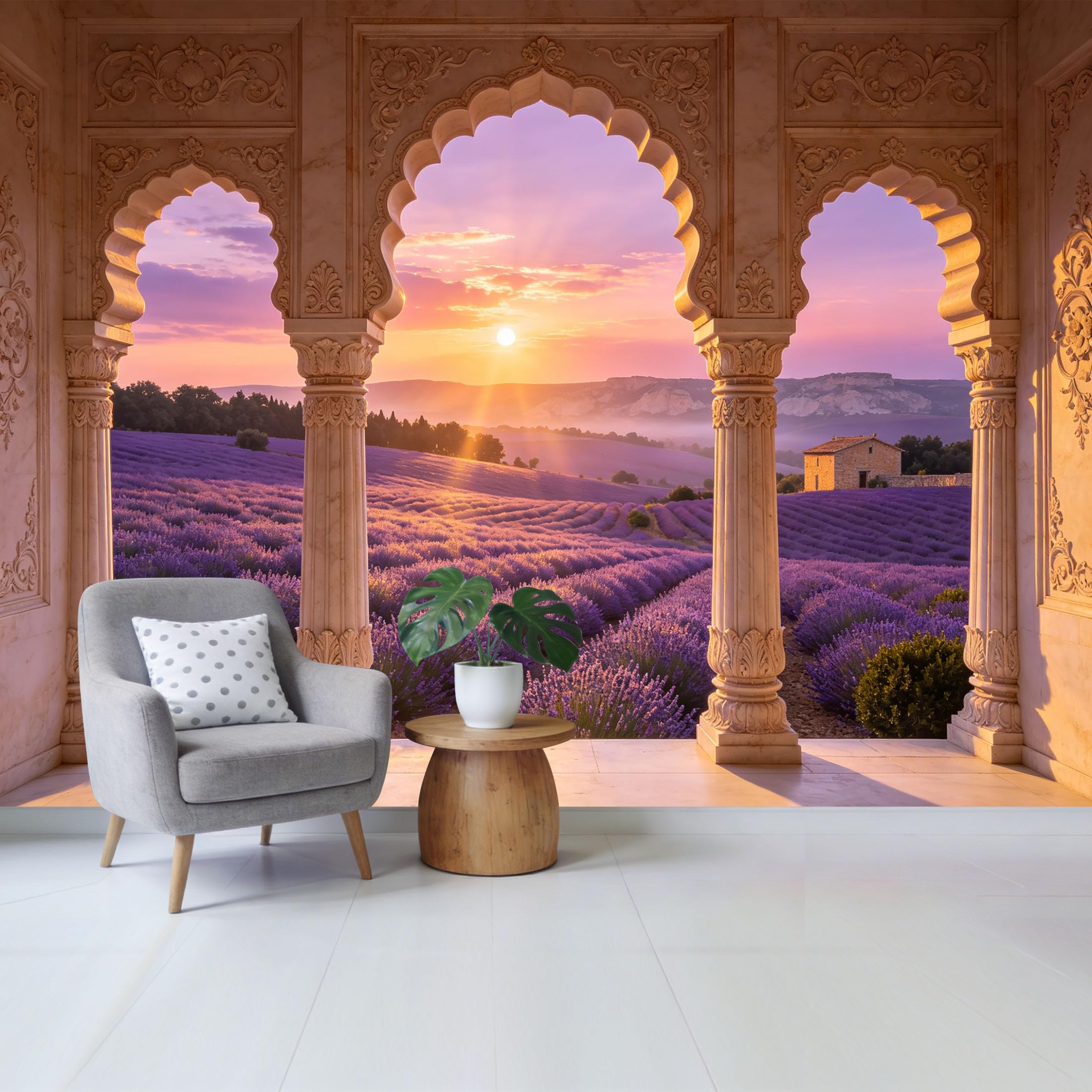 Removable Self Adhesive Fabric Mural， Sunset Lavender Field Archway Custom Size Wall Covering， UV Protected Waterproof Washable Wall Decor for Living Room Bedroom Bathroom