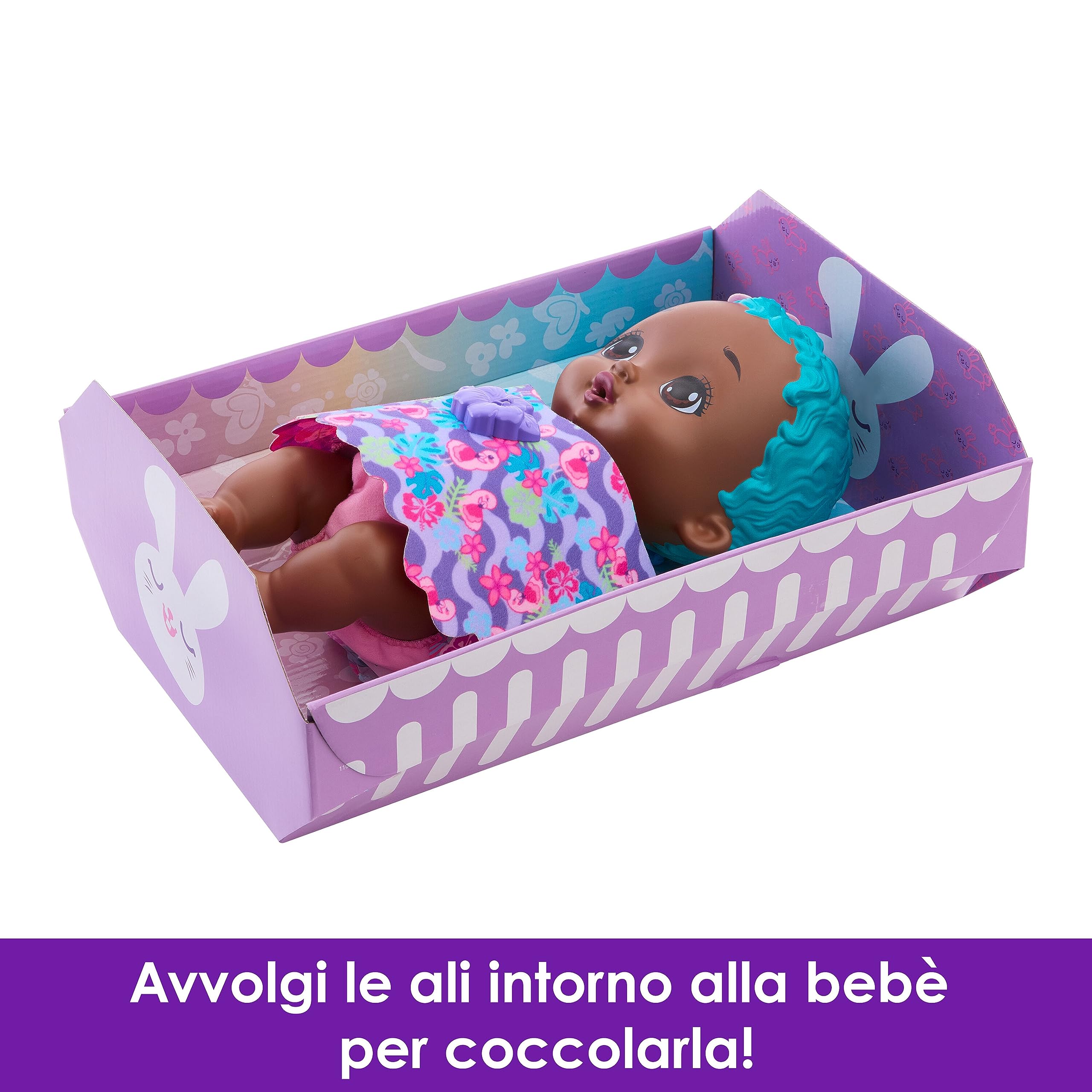 Mattel My Garden Baby - Bambola Junior Fenicottero Azzurra con pannolino riutilizzabile, biberon e tanti altri accessori, giocattolo per bambini, 3+ anni, HPD11