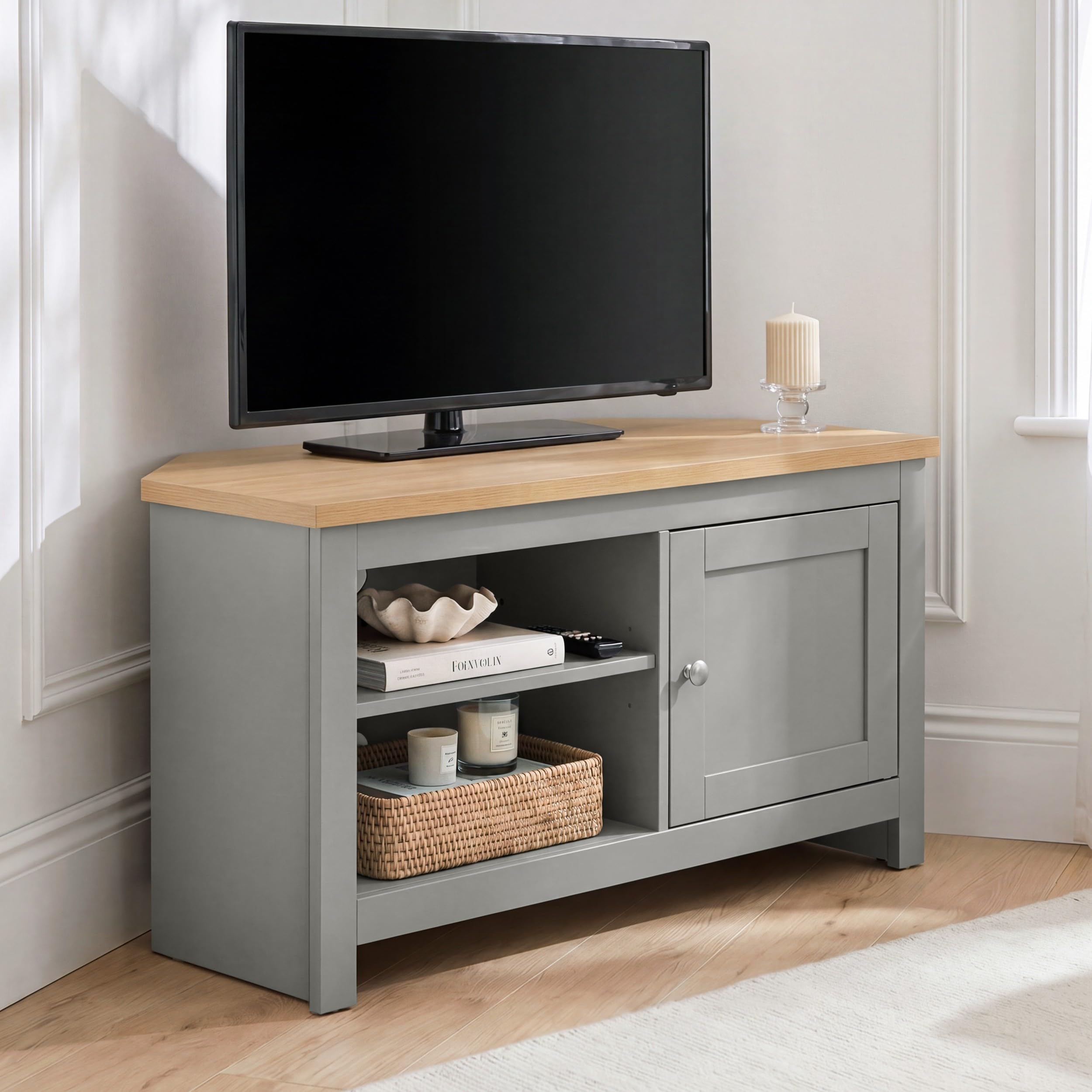 Blisswood Corner TV Unit for 35–40 Inch TVs, Space Saving TV Stand Cabinet with Storage, Adjustable Shelves, Soft Close Door, Oak Effect Top, Wooden Entertainment Unit for Living Room Bedroom, Grey