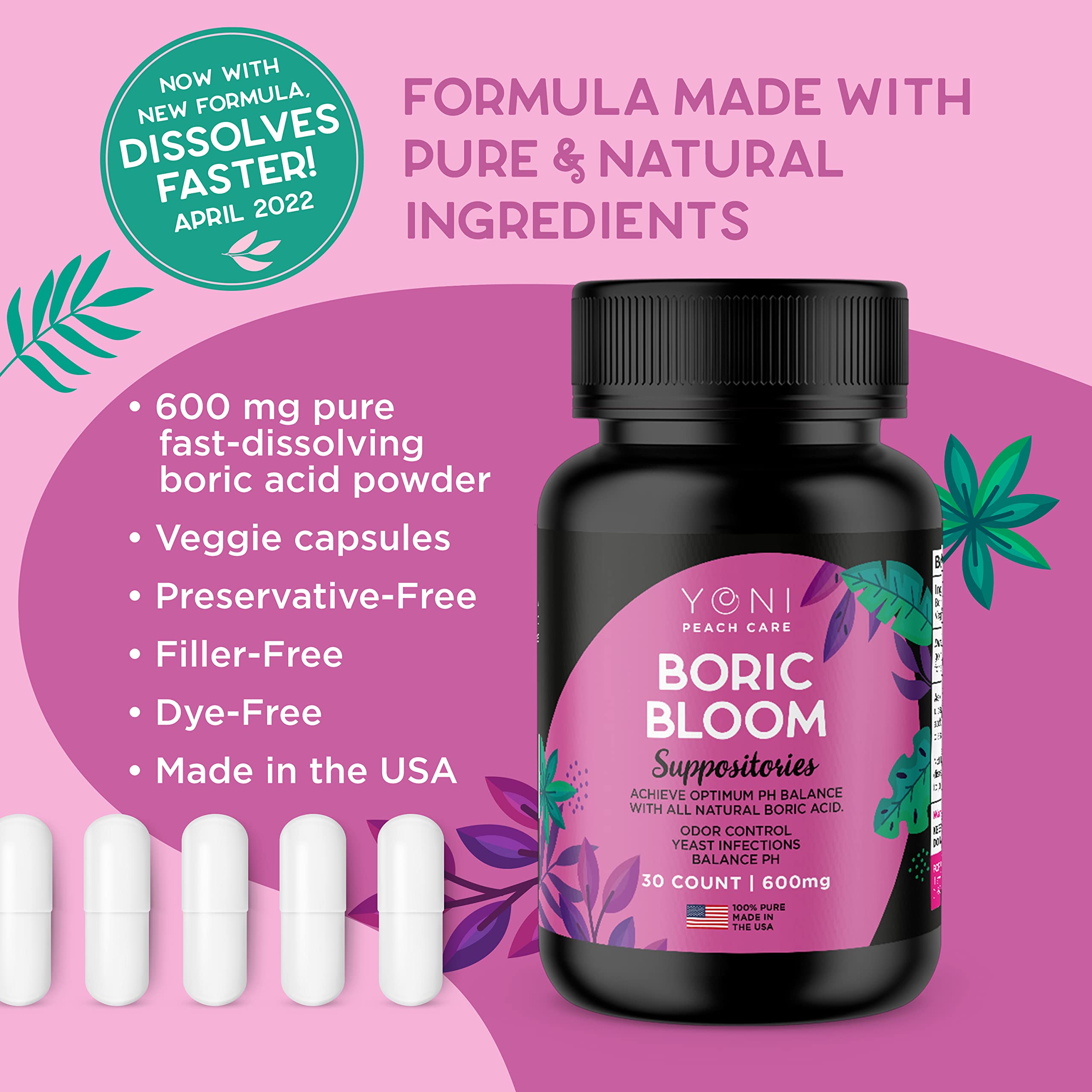 Peach Care Boric Bloom Boric Acid Suppositories Pills, Ph Balance