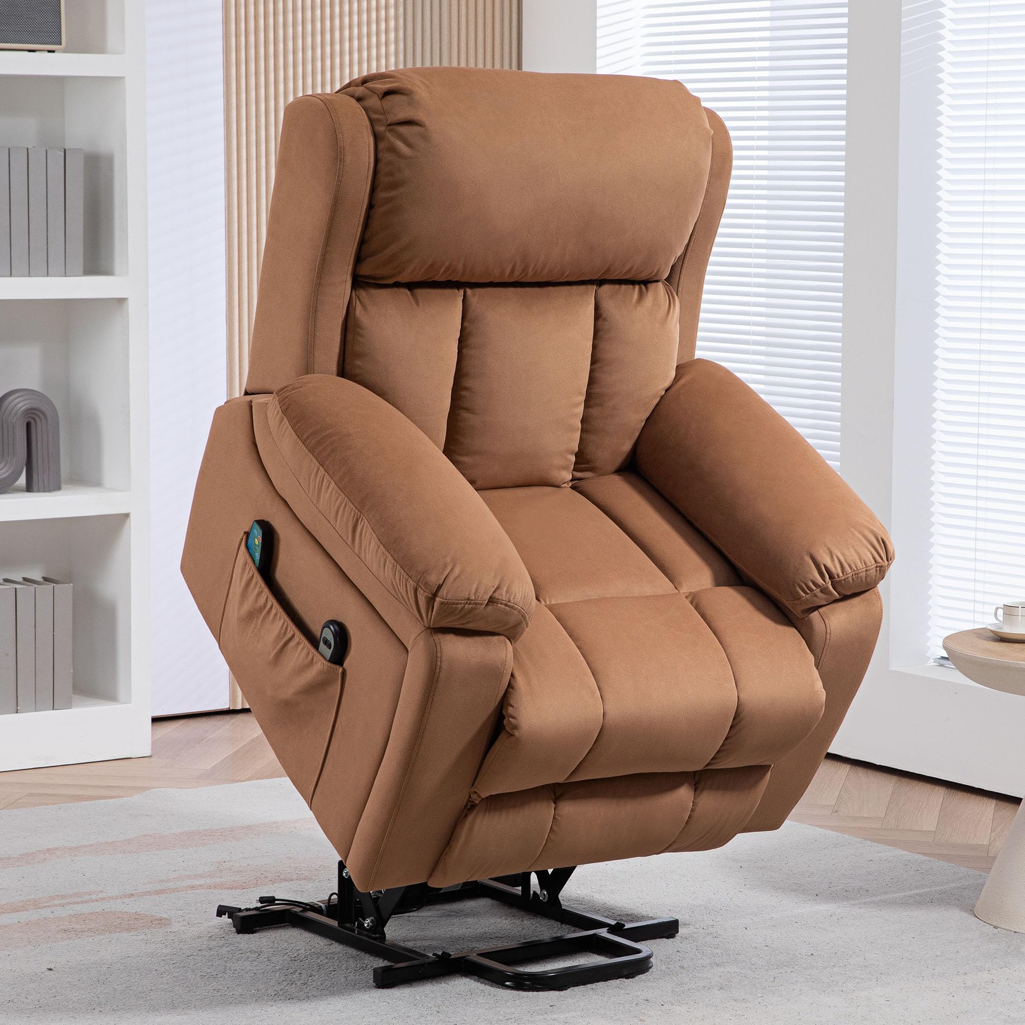 HOMCOM Sillón Relax Reclinable Eléctrico Levanta Personas, con Masaje Vibratorio y Calor, Sillón Elevador, con Control Remoto, Reposapiés, Tapizado en Cuero Sintético, Bolsillos, Marrón