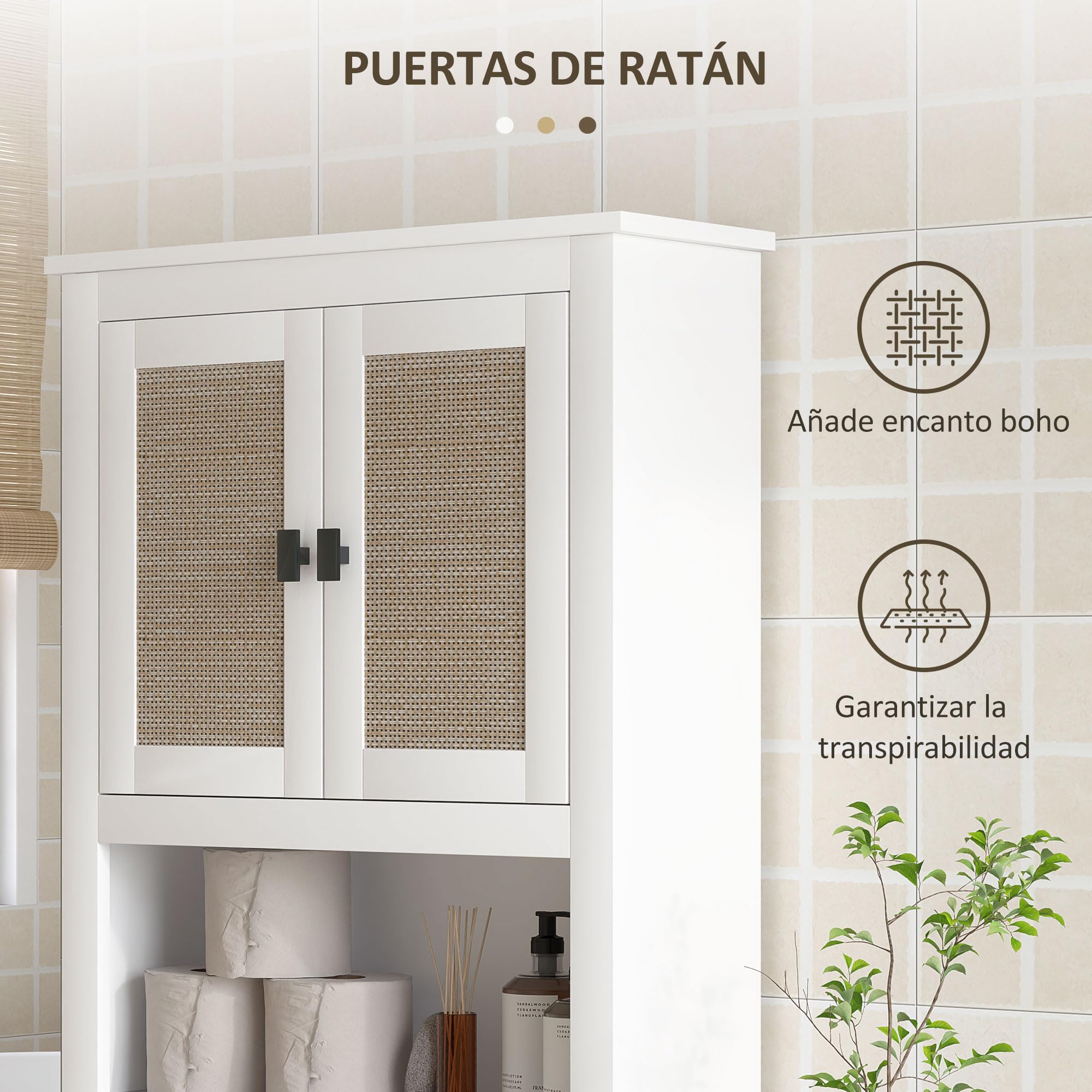 HOMCOM Mueble sobre Inodoro Estrecho Armario sobre Inodoro con 2 Puertas con Frontal de Ratán Compartimento y Estante Ajustable Mueble de Baño 60x19,5x160 cm Blanco