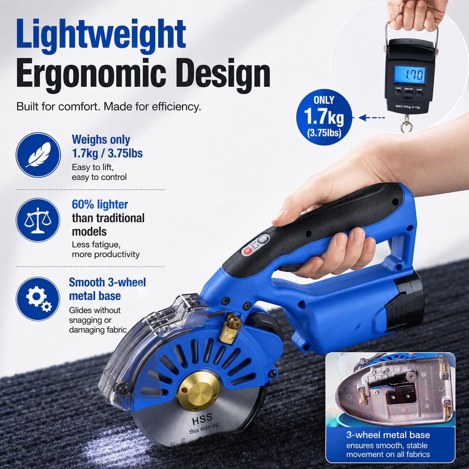 Cutter Elettrico, Taglierina Circolare, Taglierina per Tessuti | Motore Brushless, Affilatura Automatica, Spessore 40mm, Lama HSS 125mm, 2 Batterie 2500mAh, 5 Velocità, Peso 1.7kg, LED