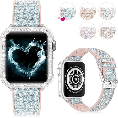 Amazon Brg コンパチブル Apple Watch バンド アップグレードバージョン レディース アップルウォッチ バンド キラキラ 女性 お洒落 保護ケース付き シリコン コンパチブル Apple Watch 第4世代 第5世代 Se 第6世代 40mm 対応 40mm ラメ入りブルー シルバー