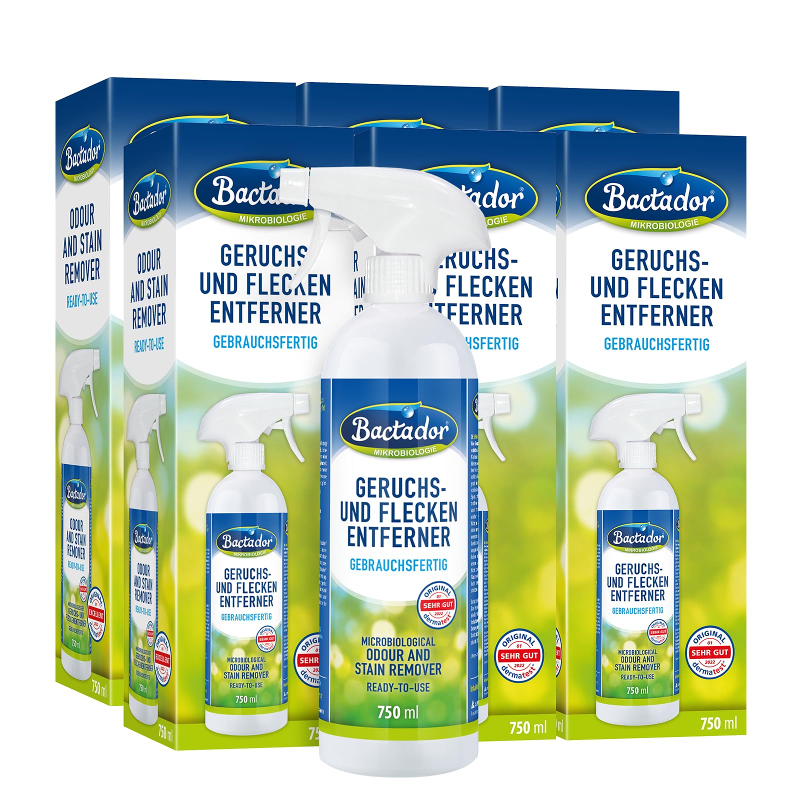 Bactador Enzymreiniger 6 x 750ml - Geruchsentferner & Fleckenentferner Spray 750ml - Mikrobiologischer Geruchsneutralisierer - Hundeurin/Katzenurin Entferner - Porentiefe Reinigung in Haushalt