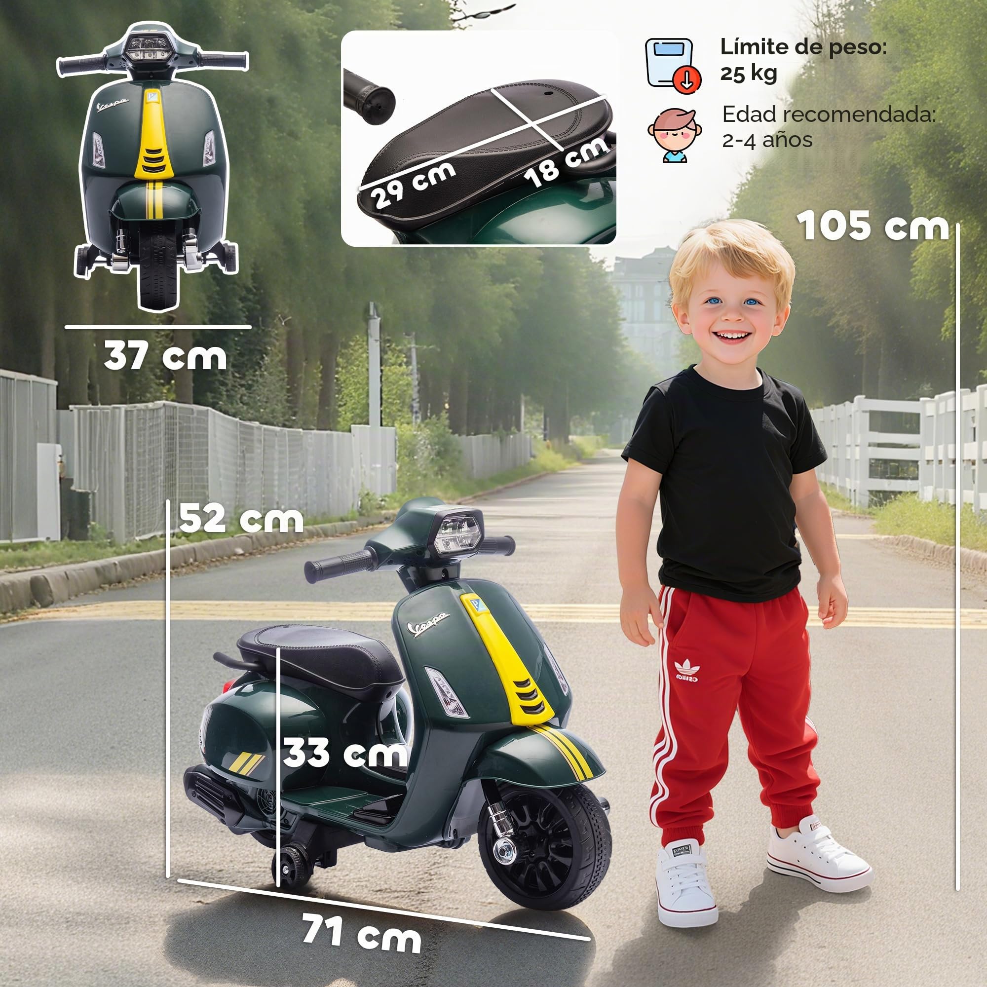 AIYAPLAY Moto Eléctrica para Niños 6V, Vespa con Licencia Oficial, con Ruedas de Aprendizaje de 17,5 cm, Velocidad 2,5 km/h, Faro y Bocina, para 2-6 Años, Verde Oscuro