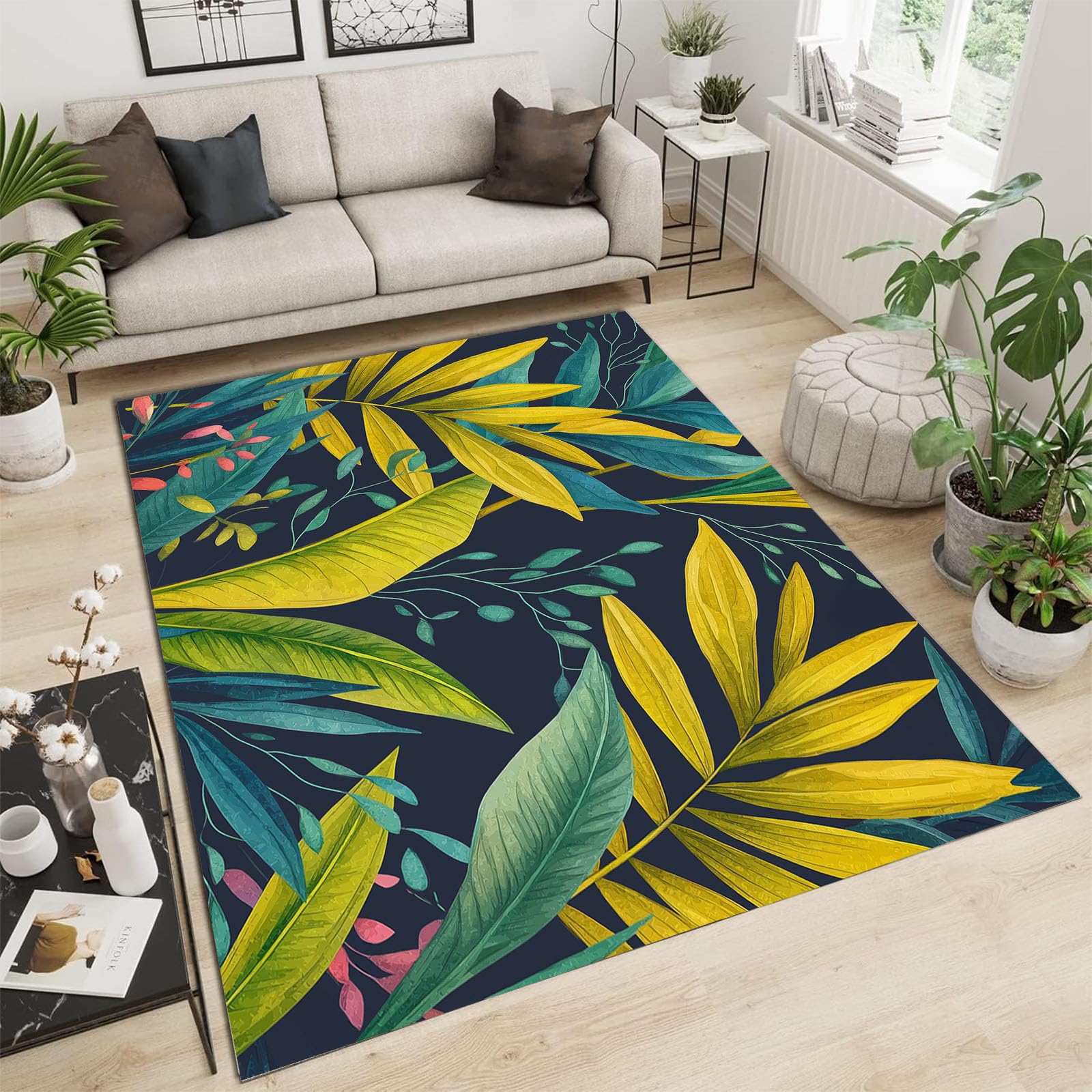 Tapis de salon antidérapant à poil ras doux motif feuilles de jungle