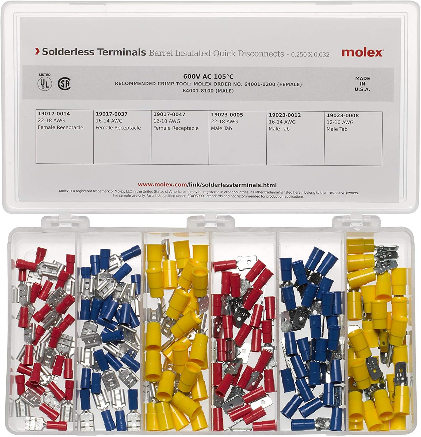 Molex 194130100 Solderless Terminals Kit, Partial Insulated Quick Disconnects, 150 Pieces, Made in America