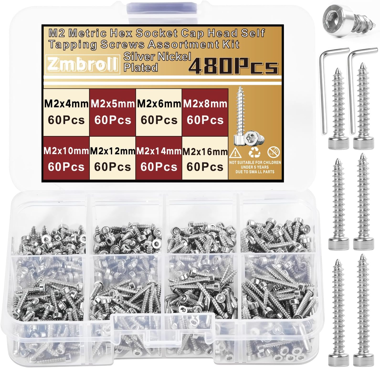480Pcs M2 Hex Socket Cap Head Self Tapping Screws M2x4/5/6/8/10/12/14/16mm Silver Socket Self Drilling Screw Allen Head Sheet Metal Bolts Hex Drive Wood Screws Assortment Kit