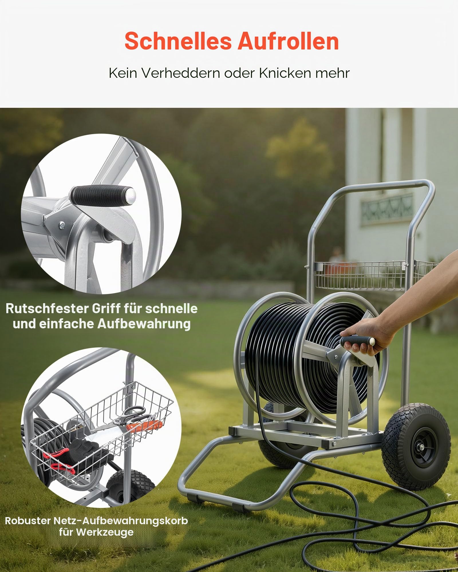 VEVOR Schlauchwagen, 6096/9144cm Gartenschlauchwagen, Schlauchtrommel mit Zwei Rädern, Griff & Aufbewahrungskorb, Schlauchaufroller mit doppeltem Verwendungszweck für Garten, Auto 675x610x900mm