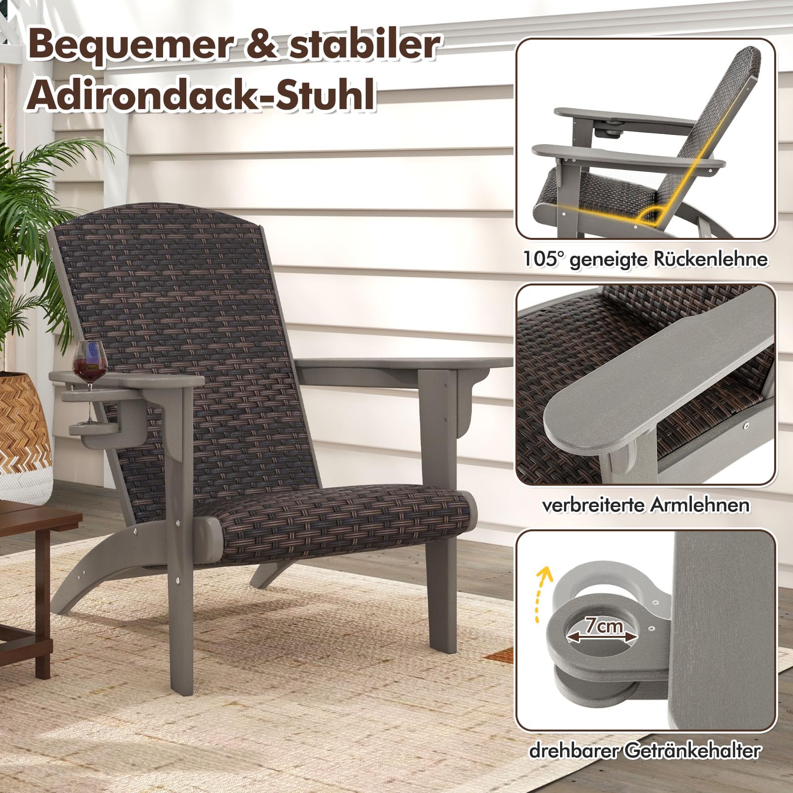 GYMAX Adirondack Stuhl wetterfest, Gartenstuhl mit mit Getränkehalter, Loungesessel mit geneigter Rückenlehne, Gartensessel aus Kunststoff & PE Rattan, für Terrasse & Balkon (Grau)