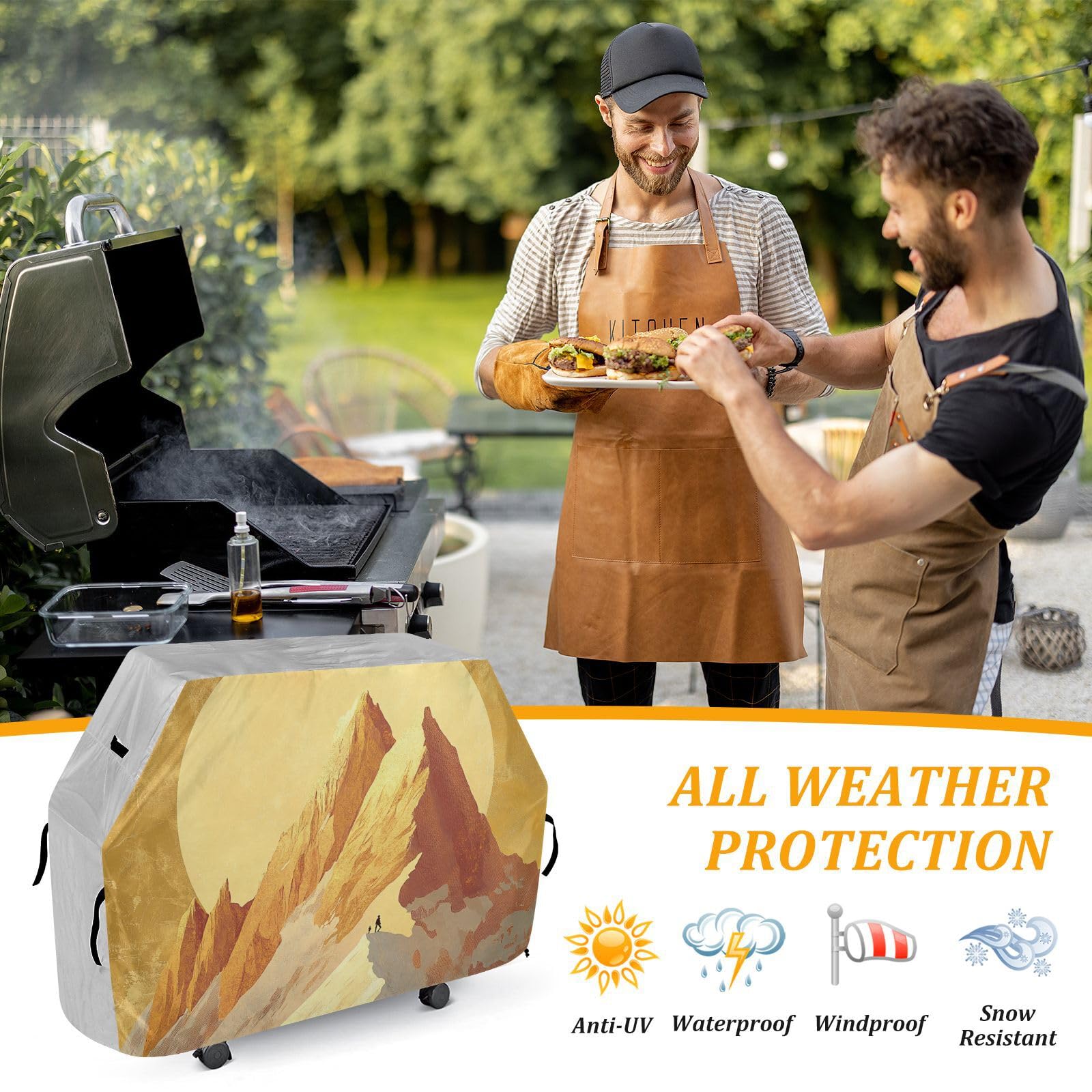 Sunshine Golden Mountain Art pokrowiec na grill gazowy, 150 cm, wodoodporne, wytrzymałe, odporne na blaknięcie i promieniowanie UV, z regulowanym sznurkiem, na kurz i wiatr