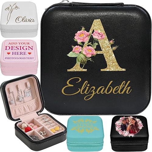 Backquik Joyero de viaje personalizado con inicial para mujer, joyero de cuero con nombre personalizado, accesorios de viaje, regalos de cumpleaños