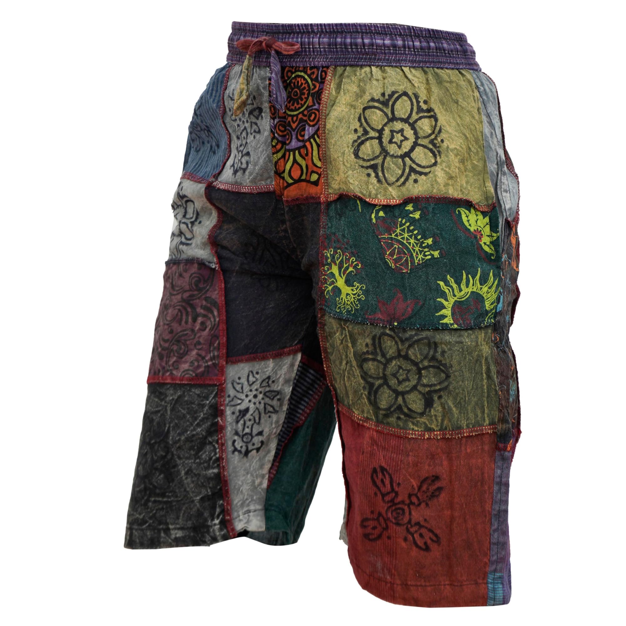 Ezhippie Pantalones cortos hippie unisex de algodón con cordón elástico en la cintura para festivales de verano