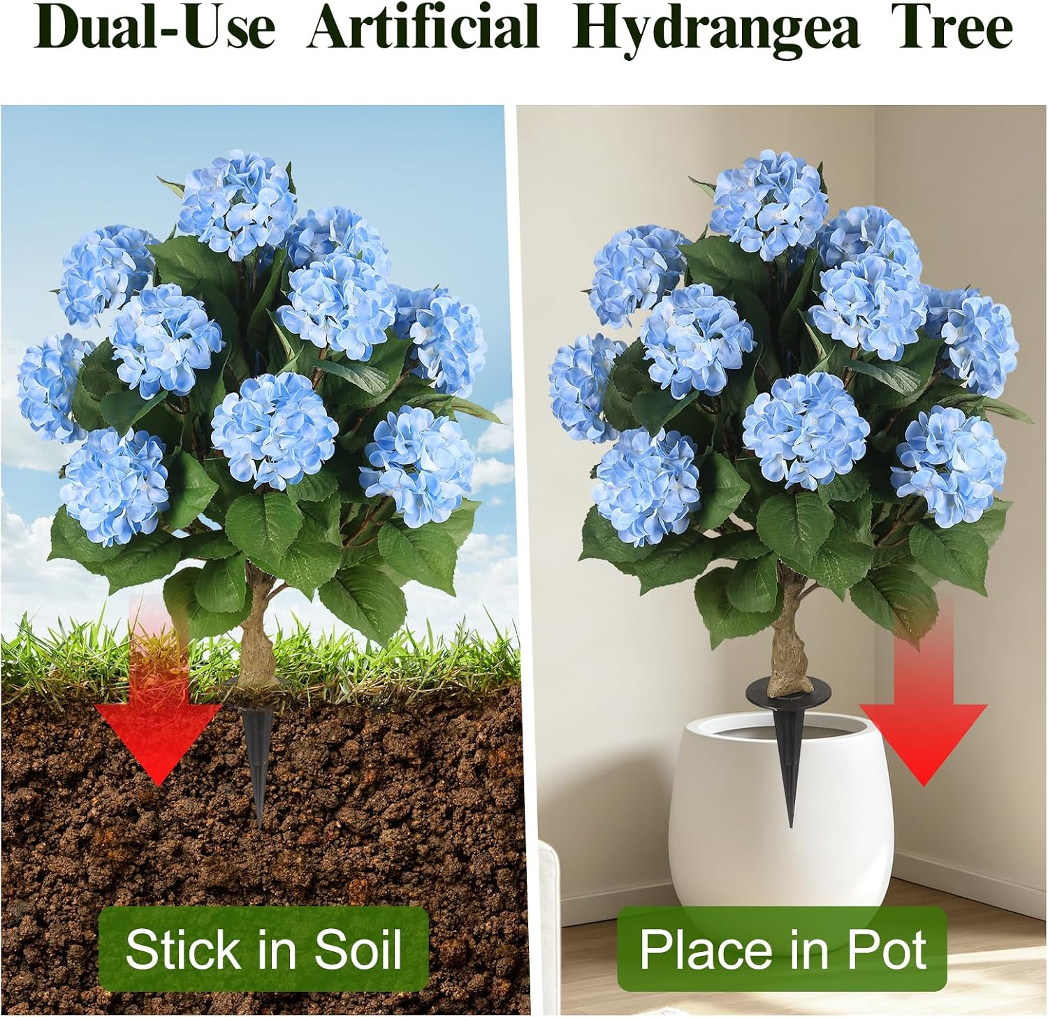3FT Artificial Hydrangea Tree with Spikes, 2 Pack Faux Silk Plant Fake Hydrangea Bush Flower Tree for Porch Patio Living Room Decor
