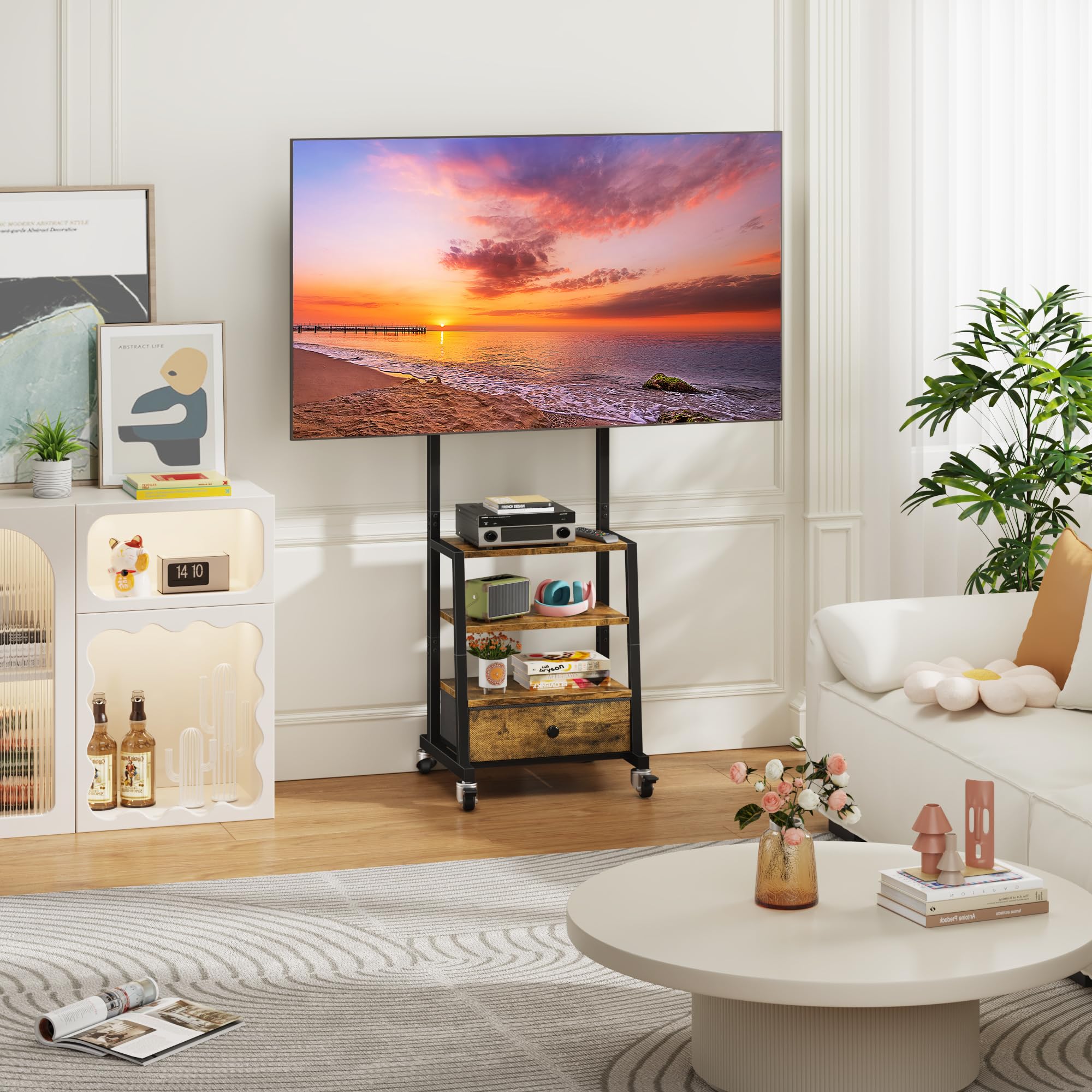 Supporto TV da Pavimento per TV 32-60 Pollici, Porta TV da Terra con 3 Ripiani e Cassetto in Tessuto, Mobile TV con Ruote, Altezza Regolabile, Max VESA 400x400 mm, Carico 40 kg, Marrone Vintage