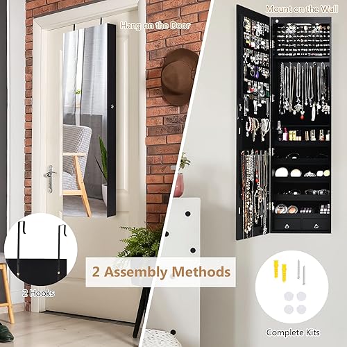 Miniatura 2 de NAFORT Armario de joyería con espejo de longitud completa 2 LED 475 pulgadas de alto armario organizador de joyas con cerradura montado en la