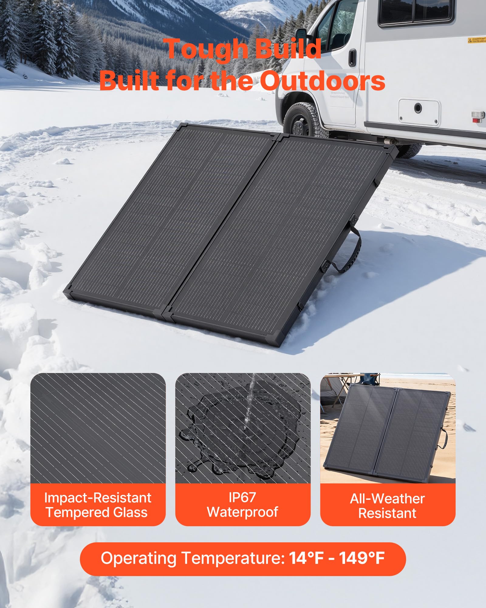 VEVOR Panel Solar Portátil 100W, Placa Fotovoltaica Plegable con Marco, Control y Salida MC4, IP67 Impermeable, Eficiencia hasta 23%, Cargador Solar para Acampadas Autocaravanas Senderismo Viajes