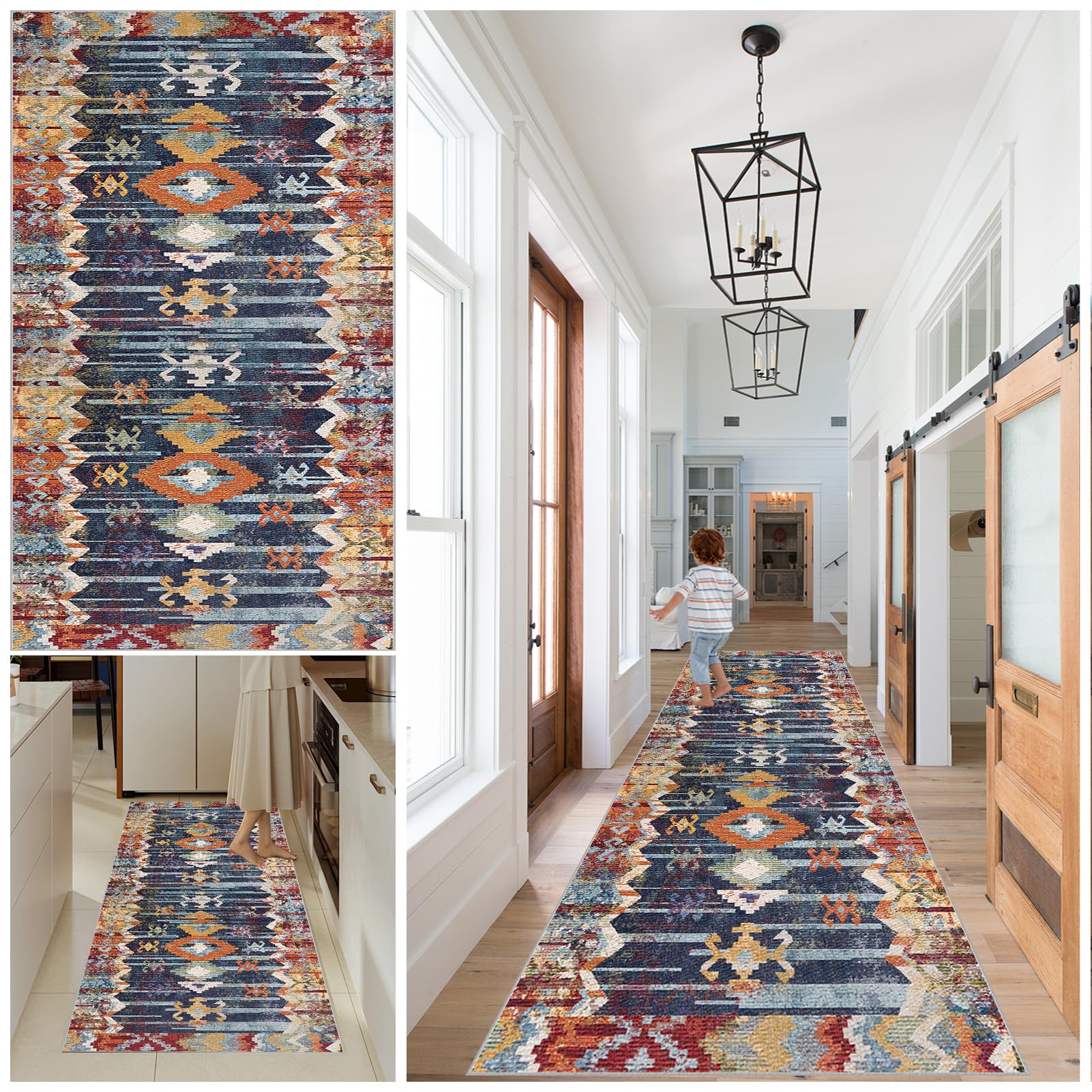 Hallway Runner Rug Kitchen Runners Non Slip washable runner Vintage Carpet Runners for Entryway Long Absorbent Low Pile Floor Mat Hall Runners for Kitchen Bedroom Entryway Laundry 40 x 450 cm