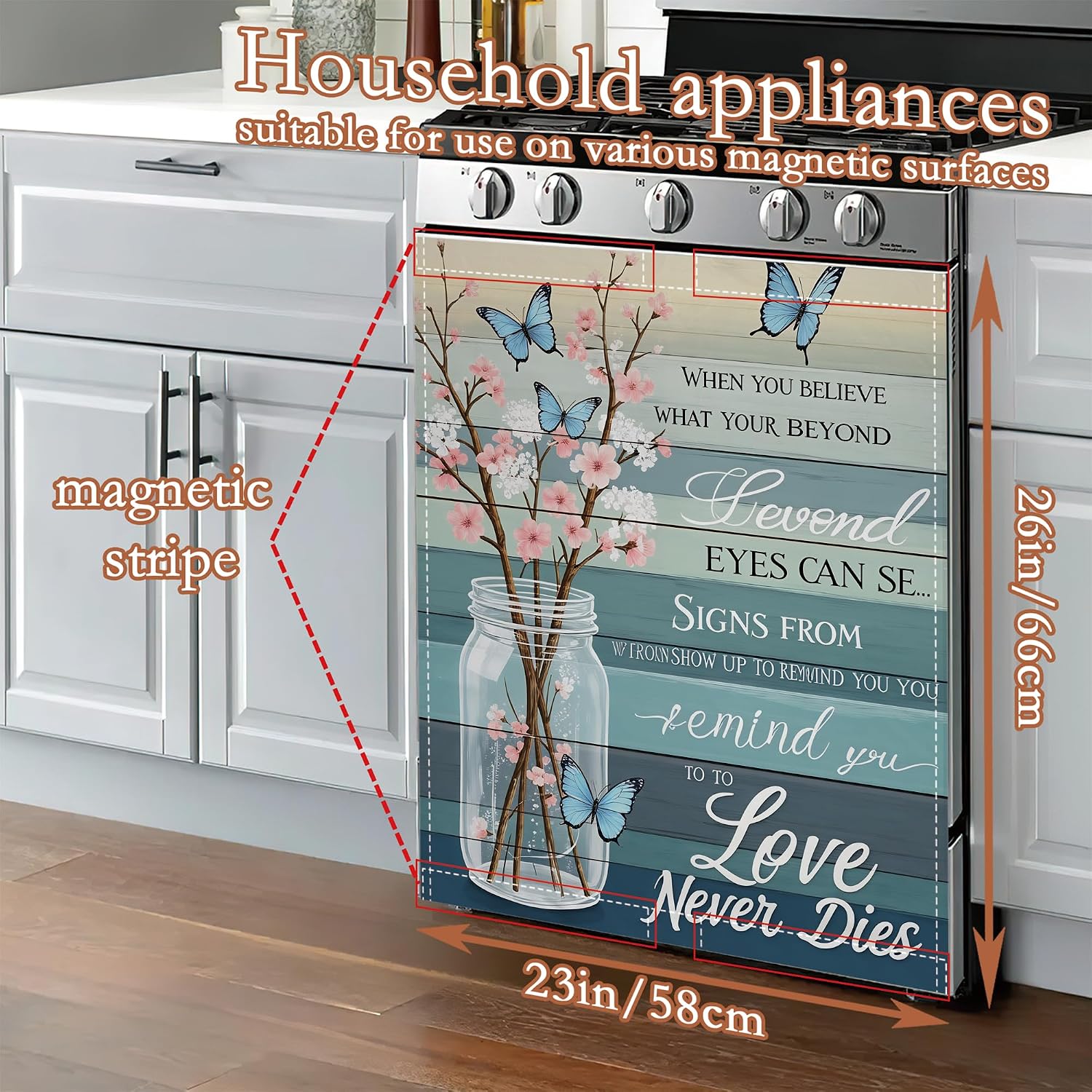 Dishwasher Magnet Cover Butterfly Flower Mason Jar Refrigerator Magnet Inspirational Quote Decorative Dishwasher Panel for Kitchen Appliance Decor Reusable Waterproof 23x26 Inch image 2