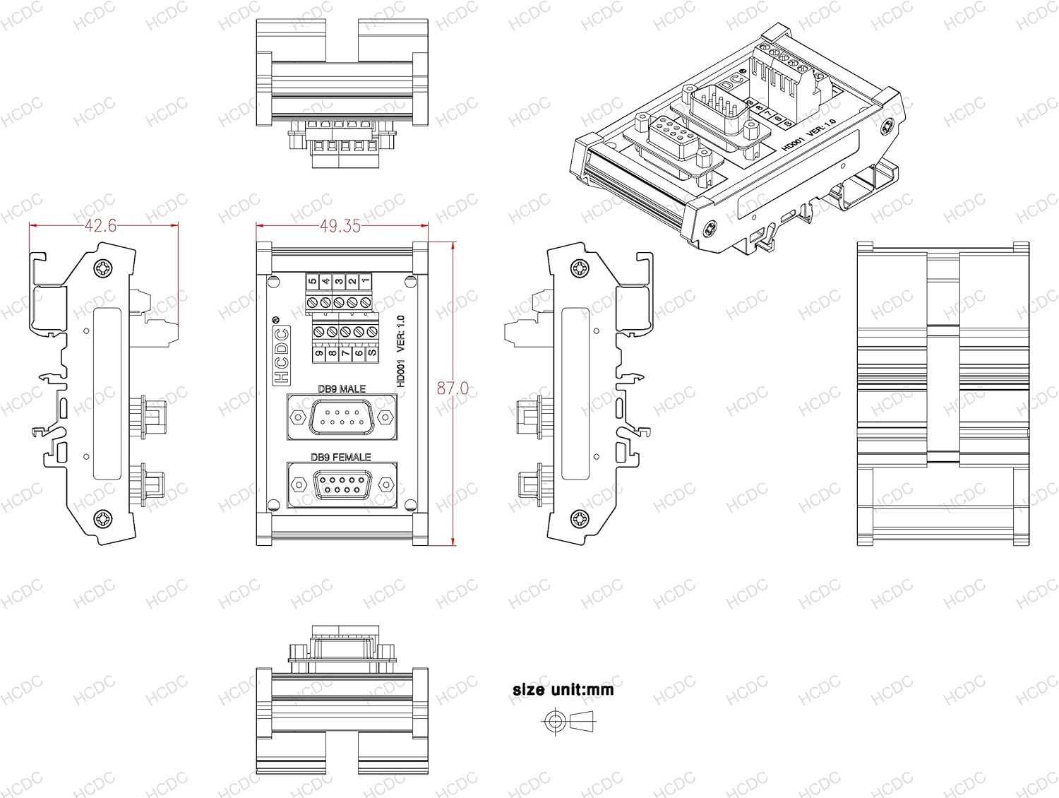 DIN Rail Mount D-SUB Male-Female Interface Module Terminal Block Breakout Board (DB9)