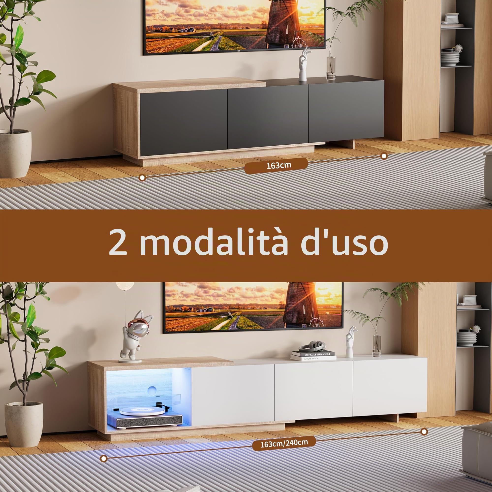 Mobile Porta TV con Luci LED per Televisori fino a 85 Pollici, Moderno Mobile TV Lucido con 3 Cassetti e Ripiani Aperti per Soggiorno Camera da Letto (Bianco+led)