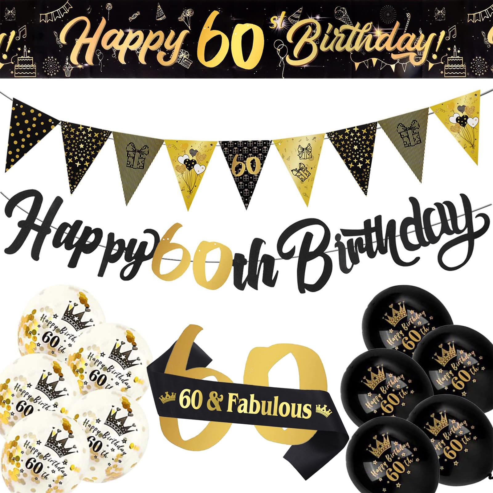 60th Birthday Decoration Kit, 13 Pieces Birthday Party Decoration Include Happy 60th Birthday Banner, Bunting, 12” Latex Printed Balloons, 9ft Banner for Women Men 60th Birthday Decorations Supplies