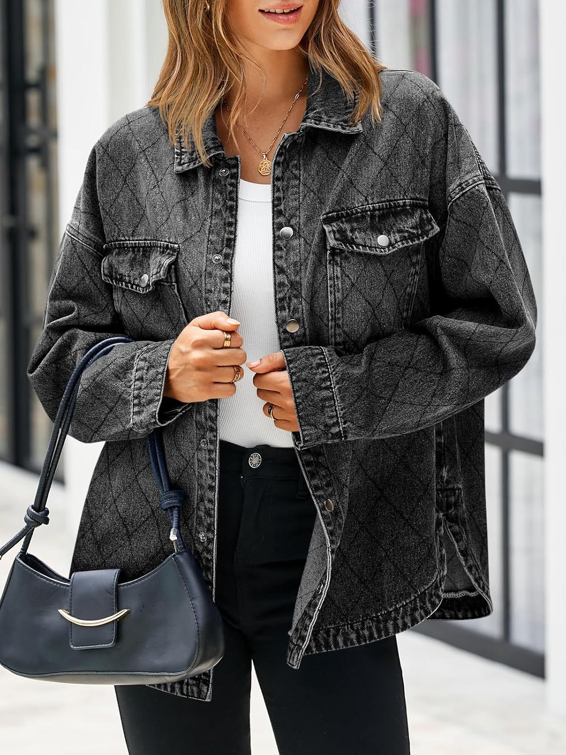 Tankaneo Womens Oversized Denim Jackets Trendy Diamond Quilted Button Down Jean Shackets Casual Lightweight Jackets - Image 4