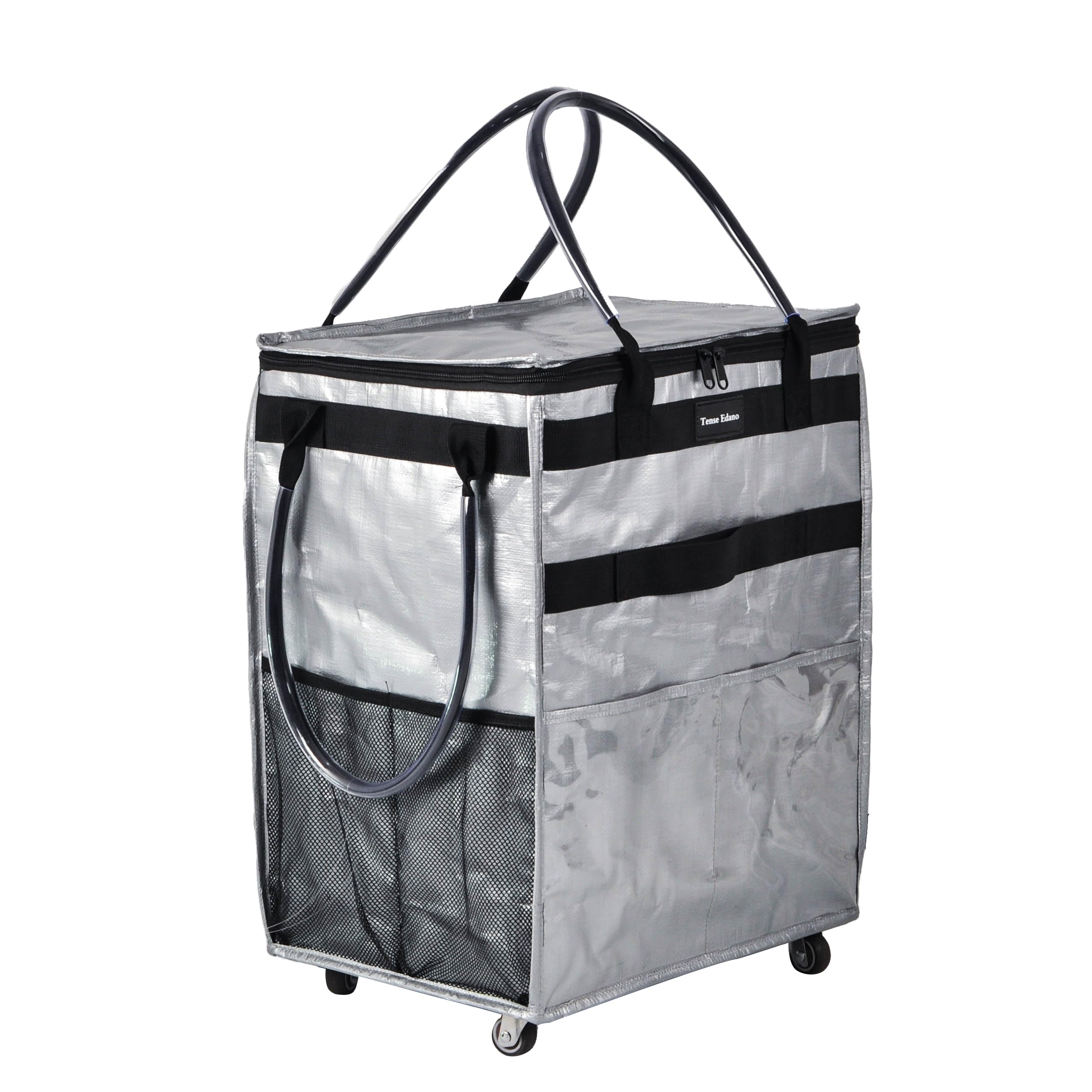Reusable Grocery Bag On Wheels Large Capacity Shopping Trolley Foldable Rolling Tote with Outside Pocket, Heavy Duty Handle (Silver, Large)