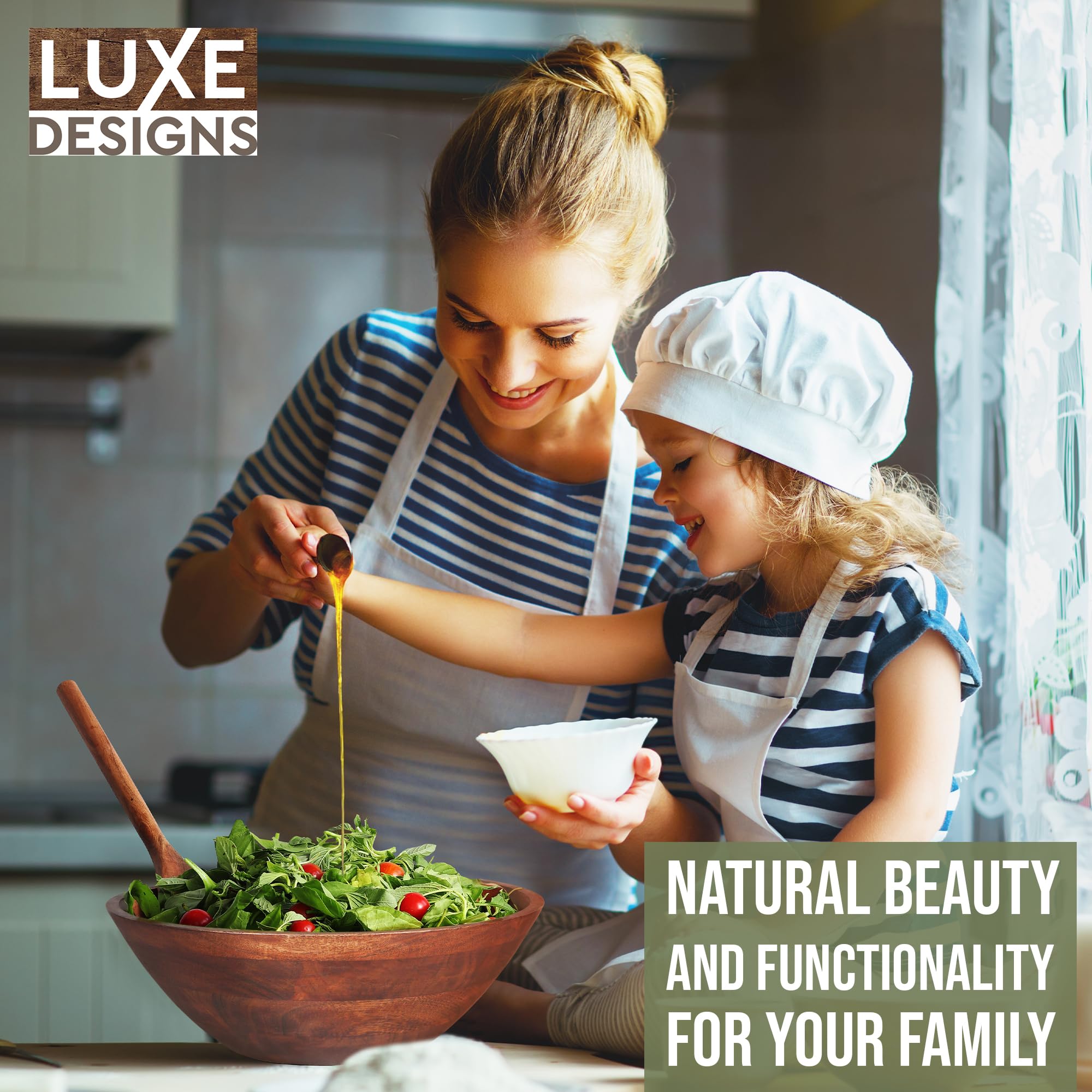 Luxe Designs Juego de ensaladeras de madera, cuenco decorativo seguro para alimentos y sostenible, cuenco de madera para frutas y ensaladas, juego de cuencos grandes fáciles de limpiar con cuchara,