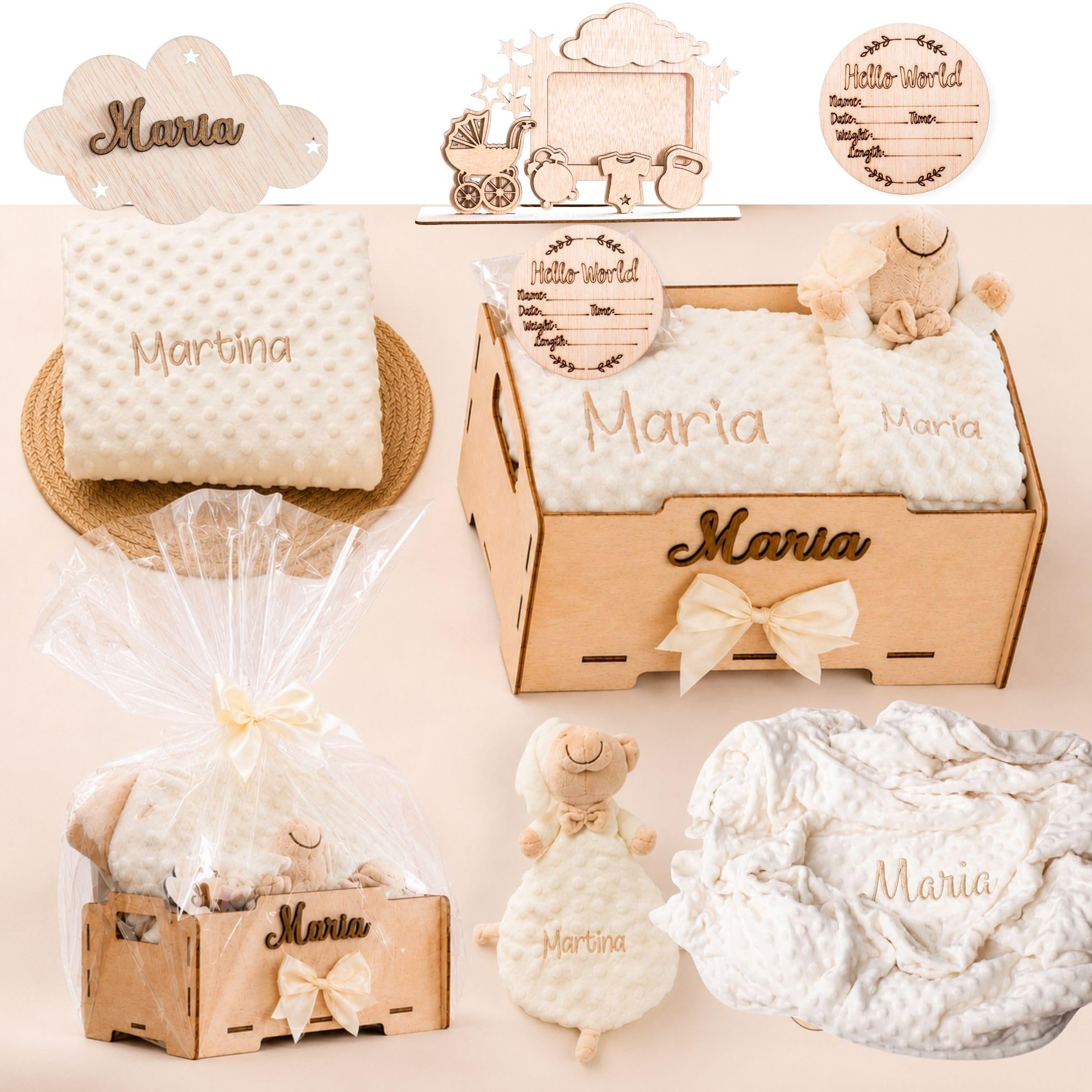 Geschenk für Neugeborene Jungen oder Mädchen | Babykorb mit Babydecke & Schmusetuch Geschenk zur Geburt, Taufe, Schwangerschaft, fürs Krankenhaus & Baby Shower | Personalisiert mit Namen + Holzbox