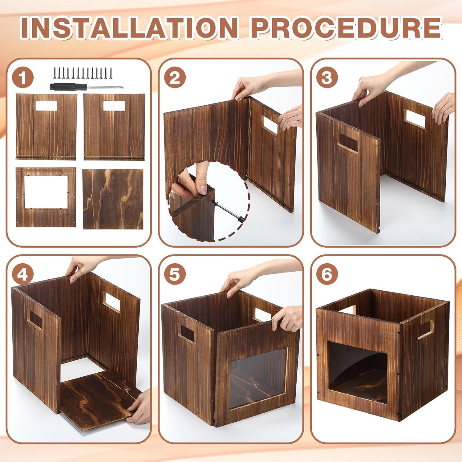 2 Pack Stackable Wood Storage Cube Boxes with Handles and Acrylic Clear Panel, 11-inch Stackable Storage Baskets for Shelves, Rustic Brown Cube Containers Organizing Bins for Books, Clothes