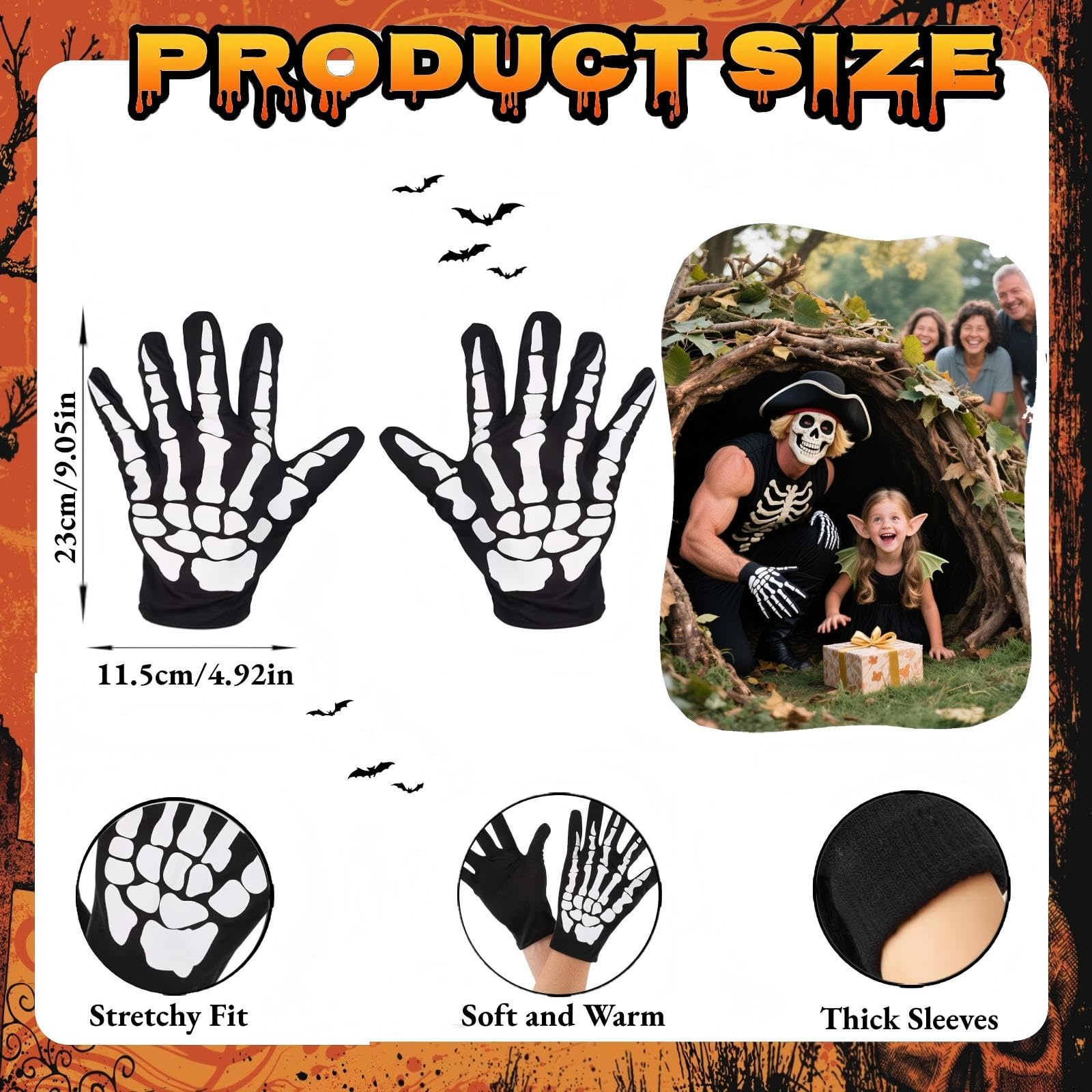 HUSHRICH 2Pairs Halloween Skeleton Gloves Adult Skeleton Full Finger Gloves - Image 2