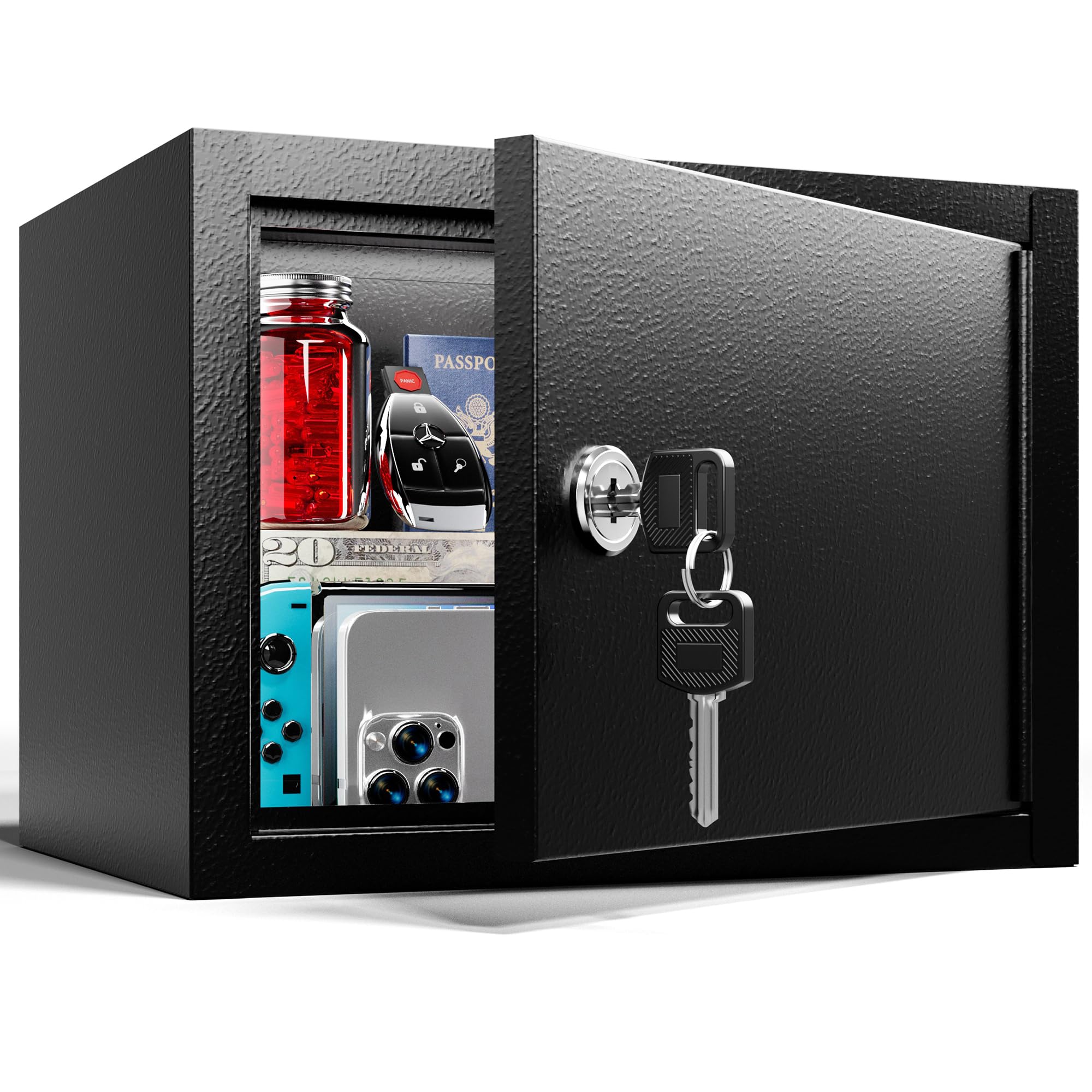 Grimtron Small Safe Box - (0.22 cu. ft.) Mini Money Safe with Key Lock for Kids, Medicine Safe for Grandmother, Phone Lock Box & PSP Safe Box for Improved Self-Control