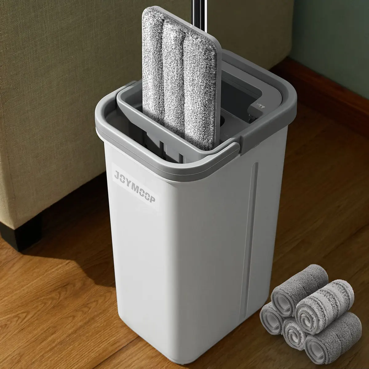JOYMOOP Mop and Bucket with Wringer Set, Hands Free Flat Floor Mops with 5 Washable Microfiber Pads for Floor Cleaning and Wall Cleaner