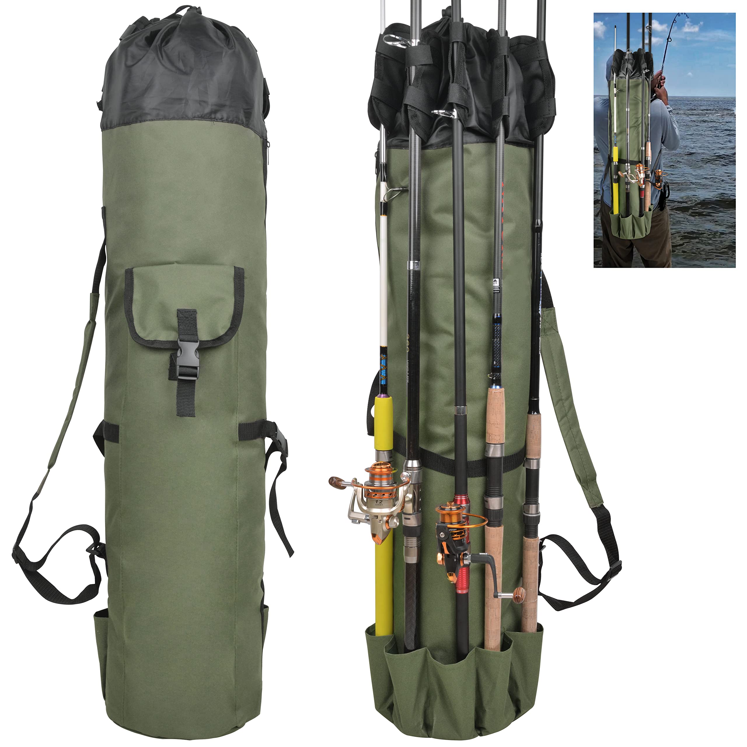 FUSIGO Fishing Rod Case - Large Capacity, Waterproof, 5 Rods & Reels Carrier - Khaki Green