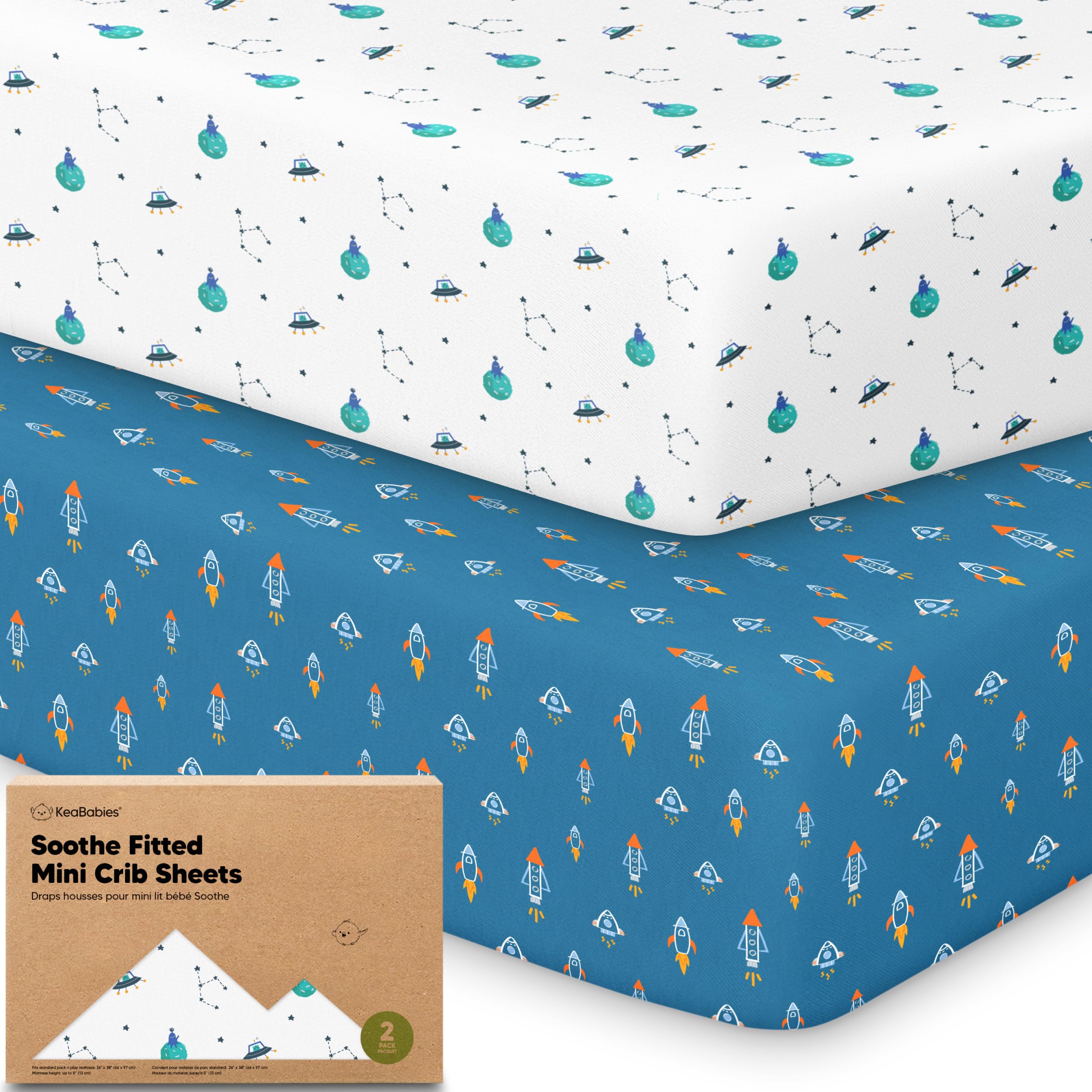 2pk Mini Crib Sheets Fitted 38x26 Pack N Play Mattress Sheet (Space Quest)