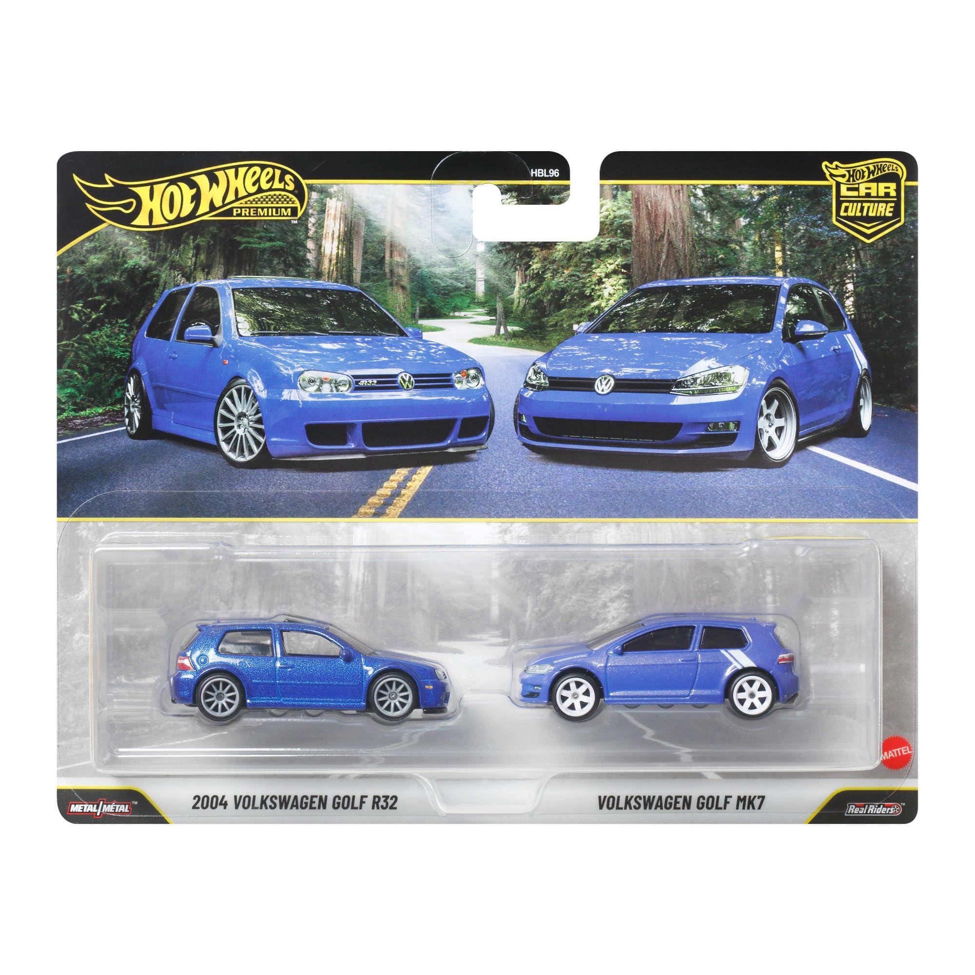 Hot Wheels Premium Car Culture 2-Pack (2004 Volkswagen Golf R32 & Volkswagen Golf MK7), 1:64 Scale, Real Riders Tires, Metal/Metal Chassis, Toy for Collectors, JHW49