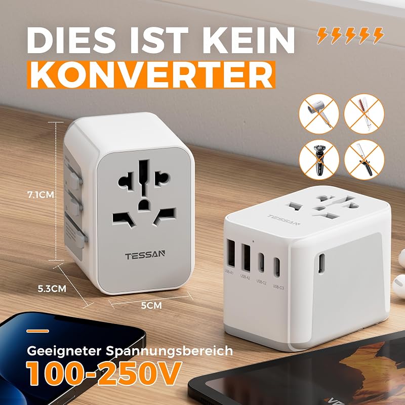TESSAN Univerzális Utazó Adapter 5 USB Porttal, 2 USB A és 3 USB C, Nemzetközi Csatlakozó Adapter USA Anglia Japán Ausztrália